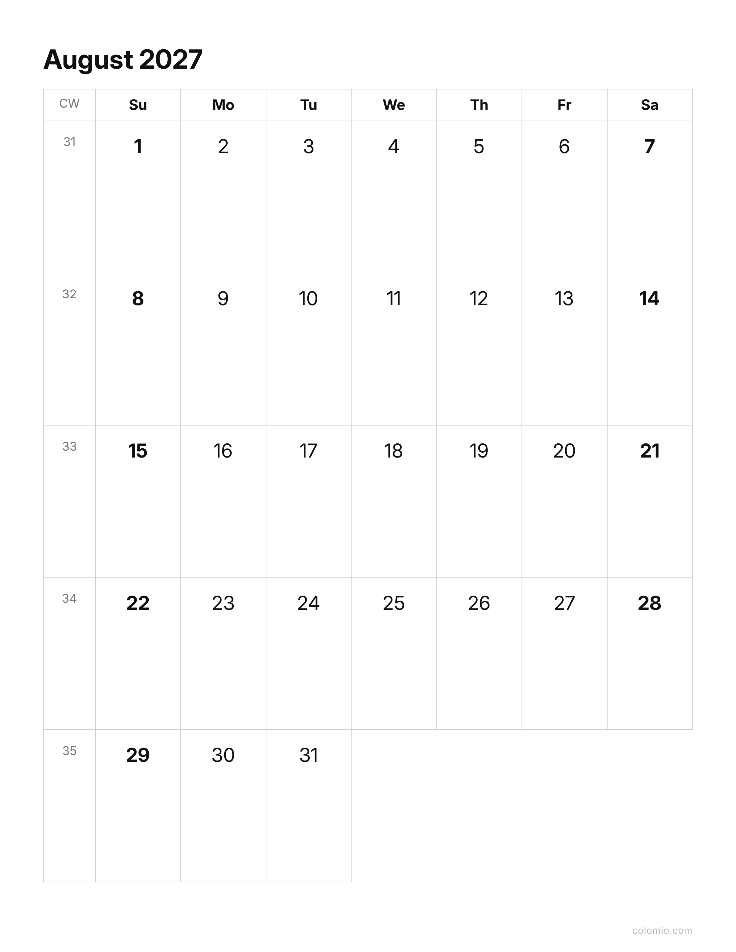 August 2027 calendar clean & minimal · portrait, printable PDF