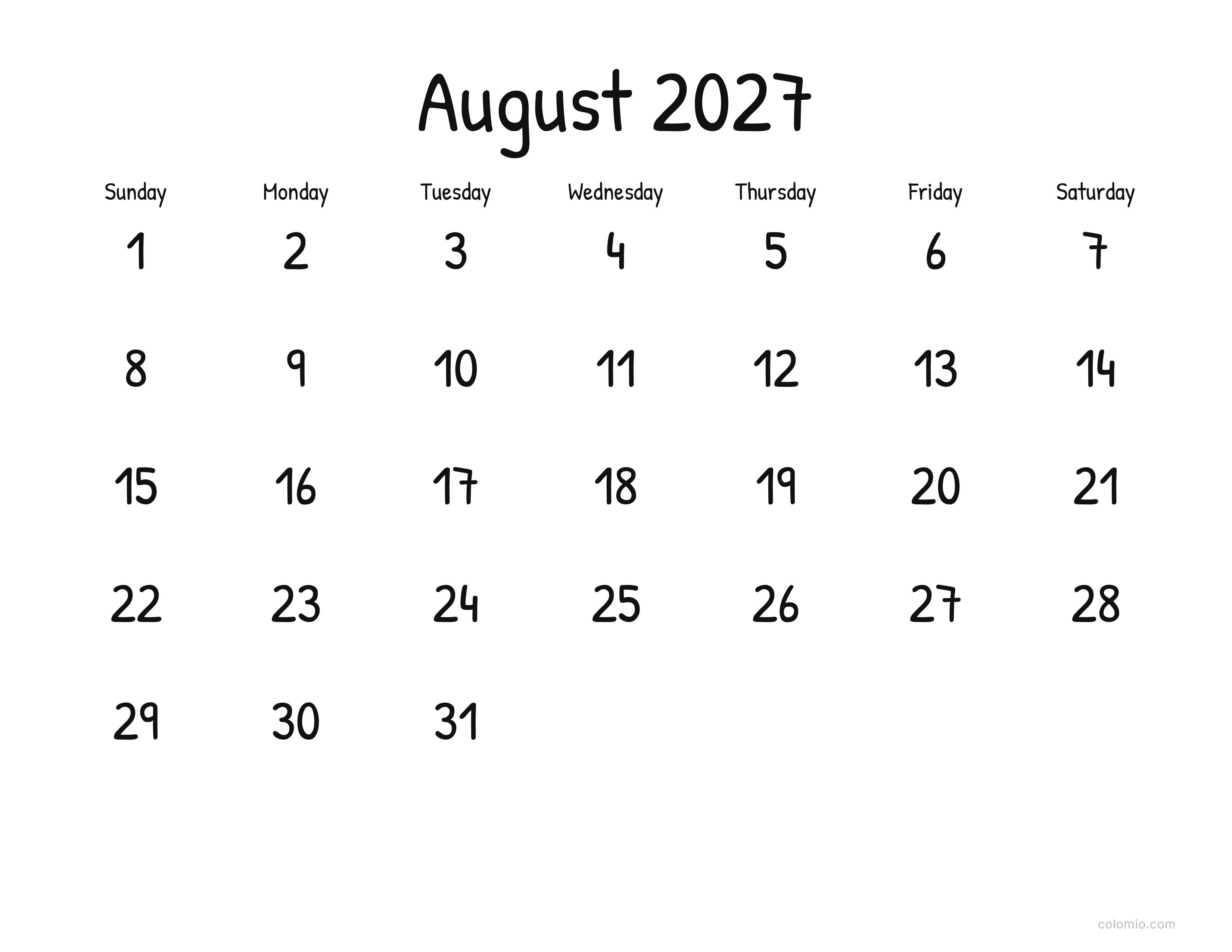August 2027 calendar display · landscape, printable PDF