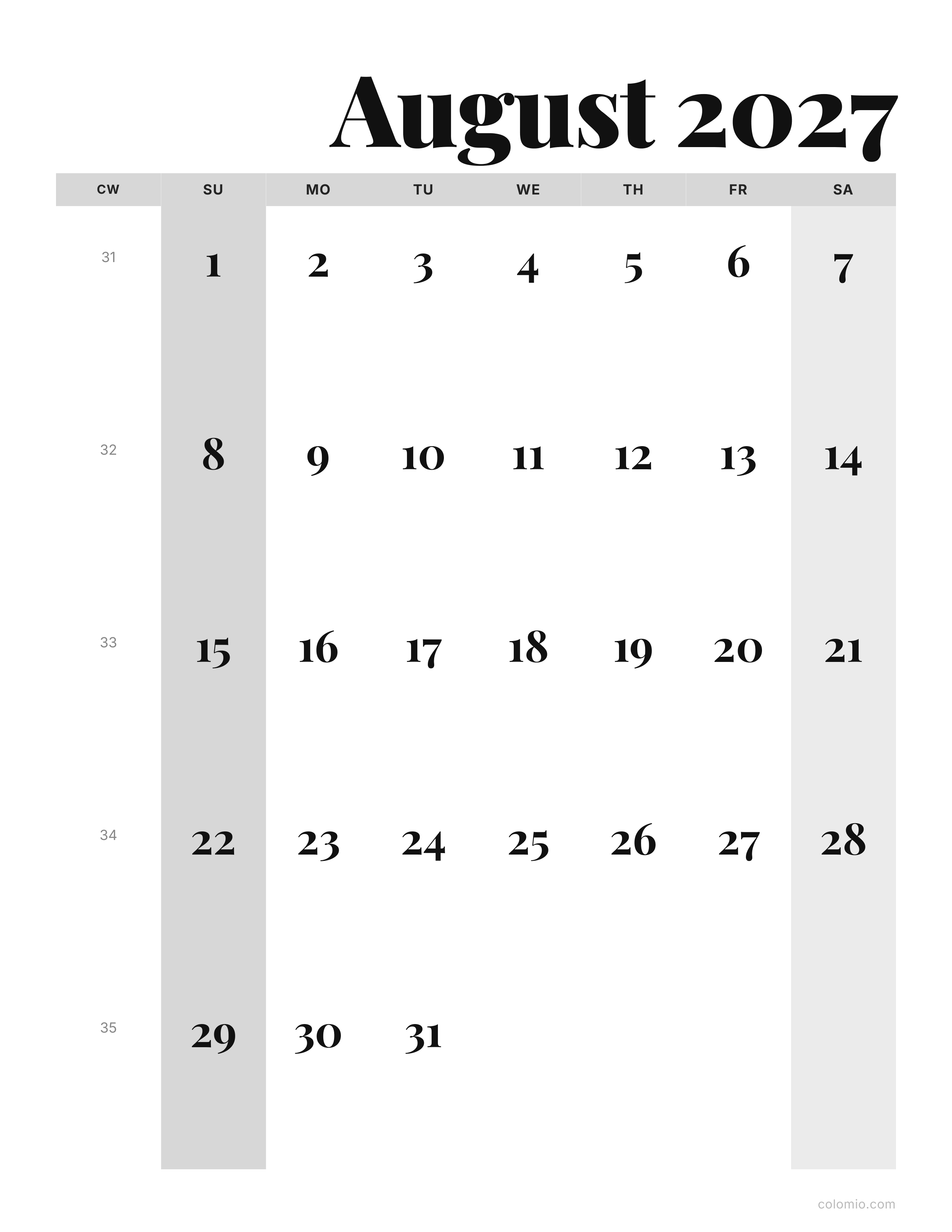 August 2027 calendar editorial · portrait, printable PDF
