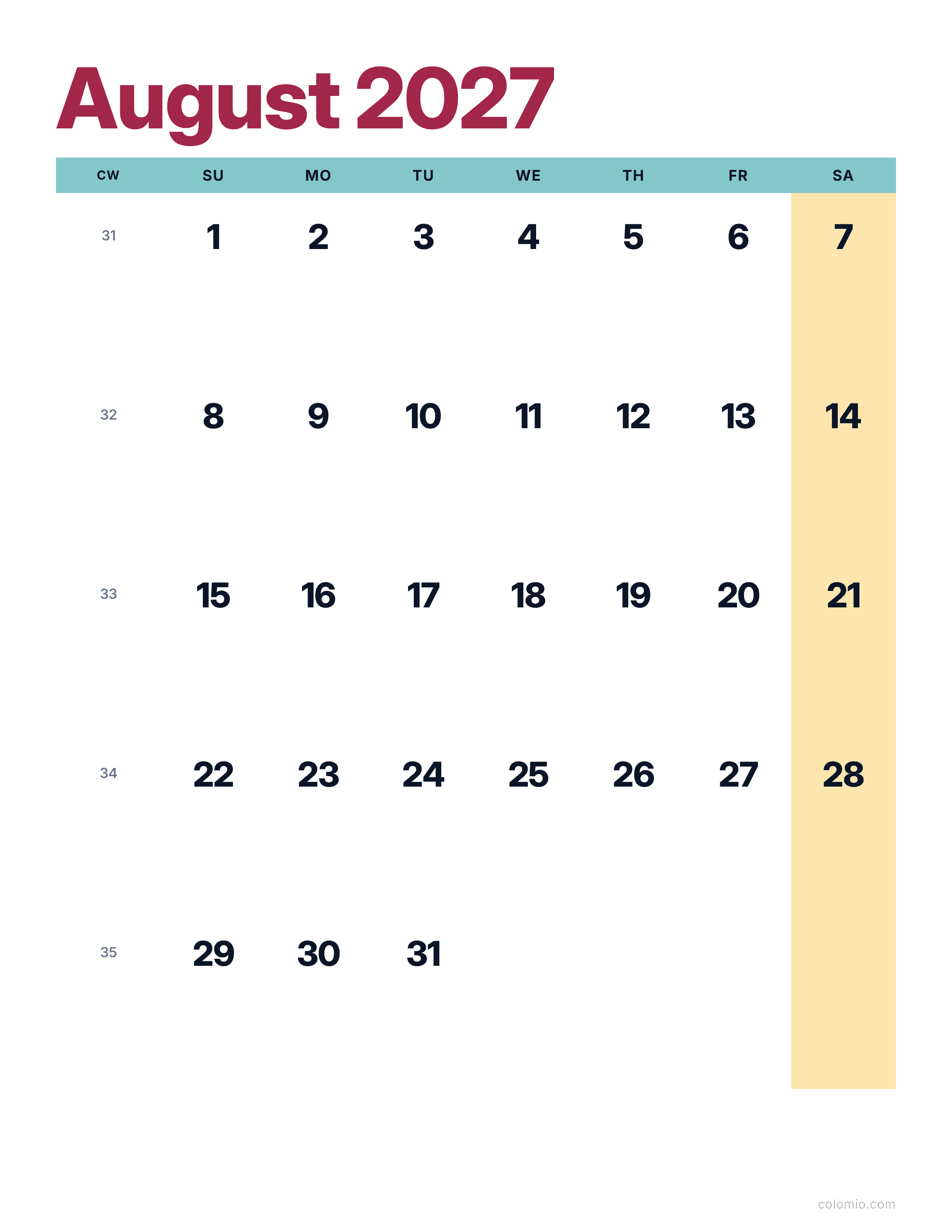 August 2027 calendar bright & modern · portrait, printable PDF