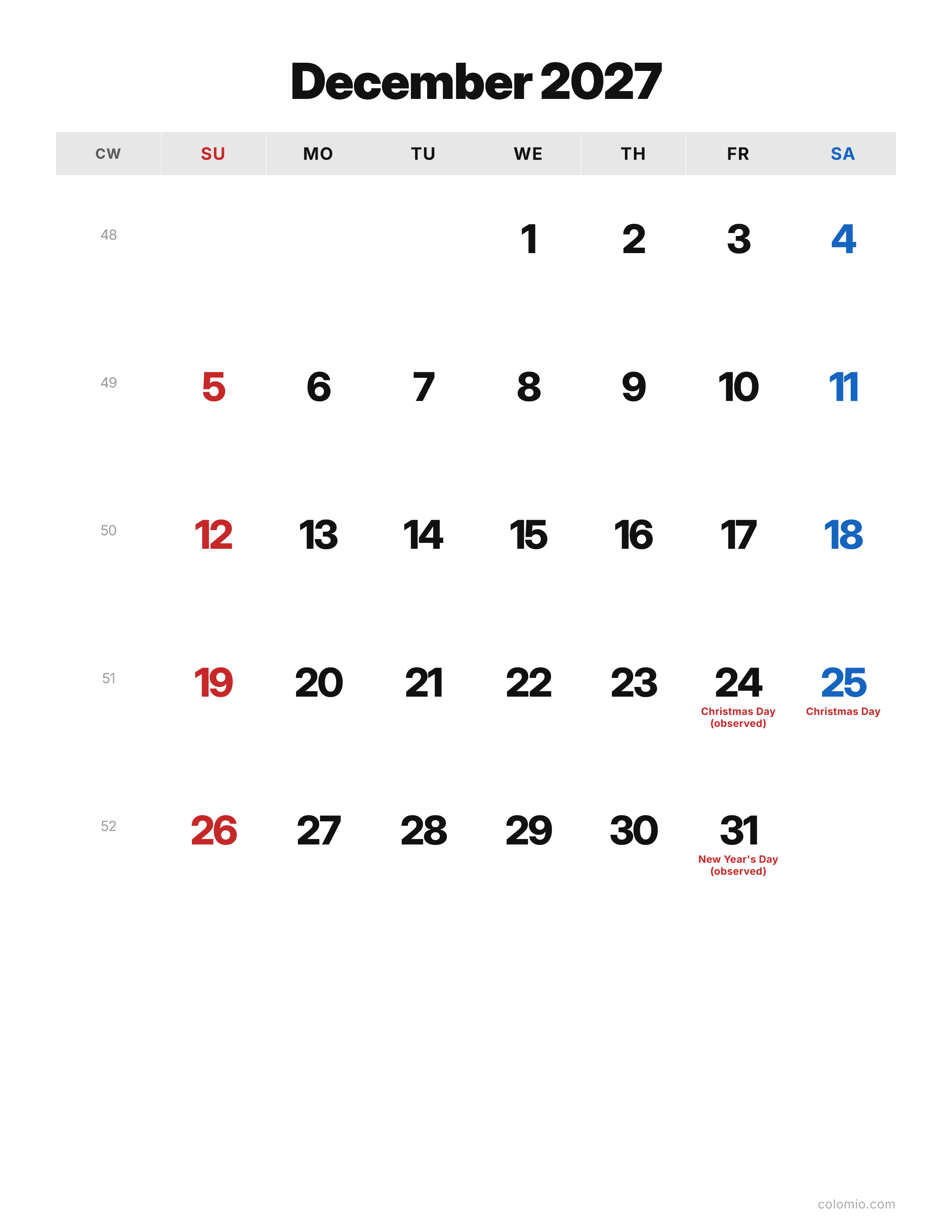 December 2027 calendar classic · portrait, printable PDF