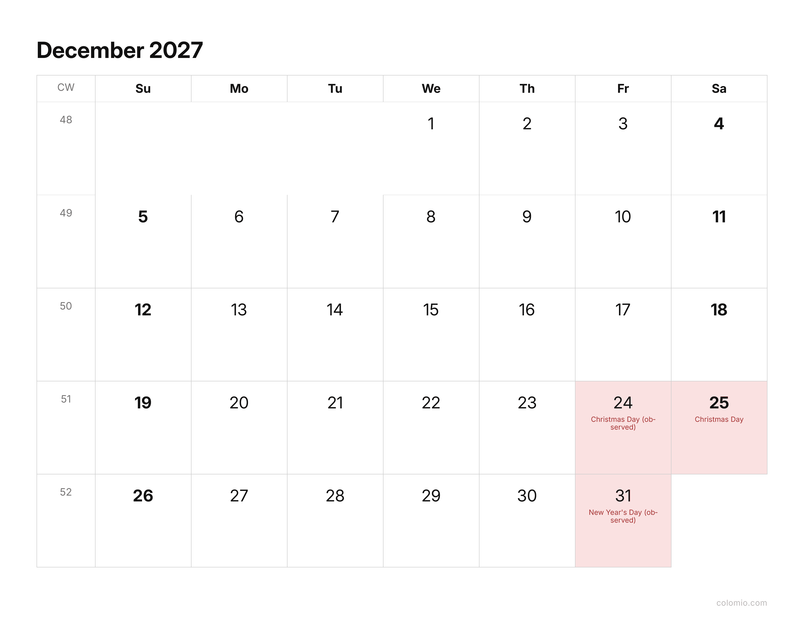 December 2027 calendar clean & minimal · landscape, printable PDF