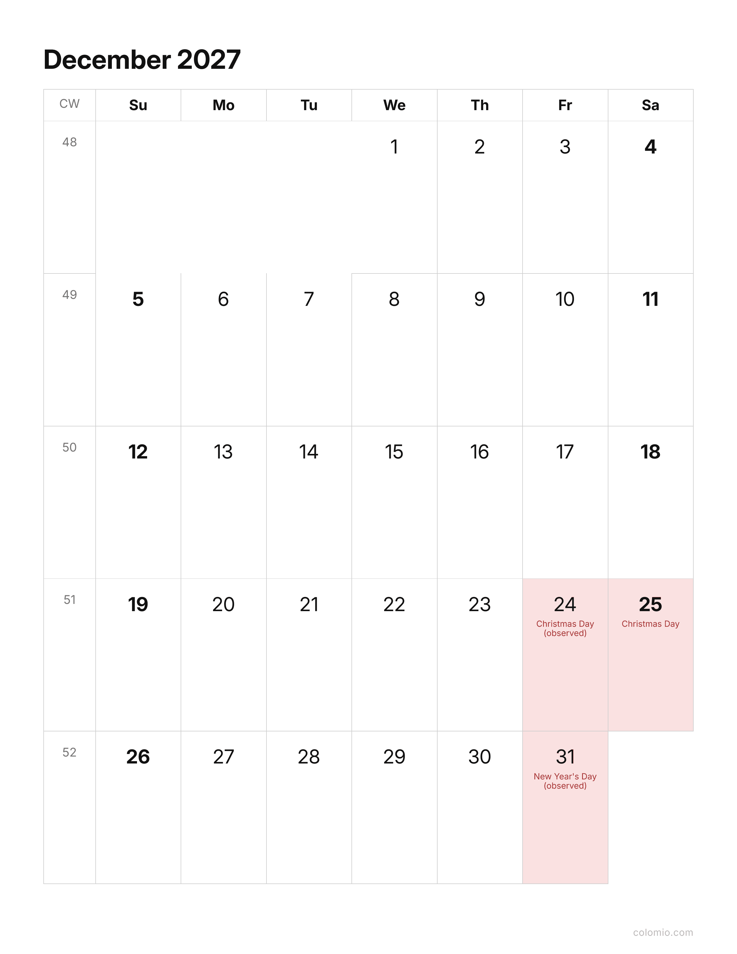 December 2027 calendar clean & minimal · portrait, printable PDF