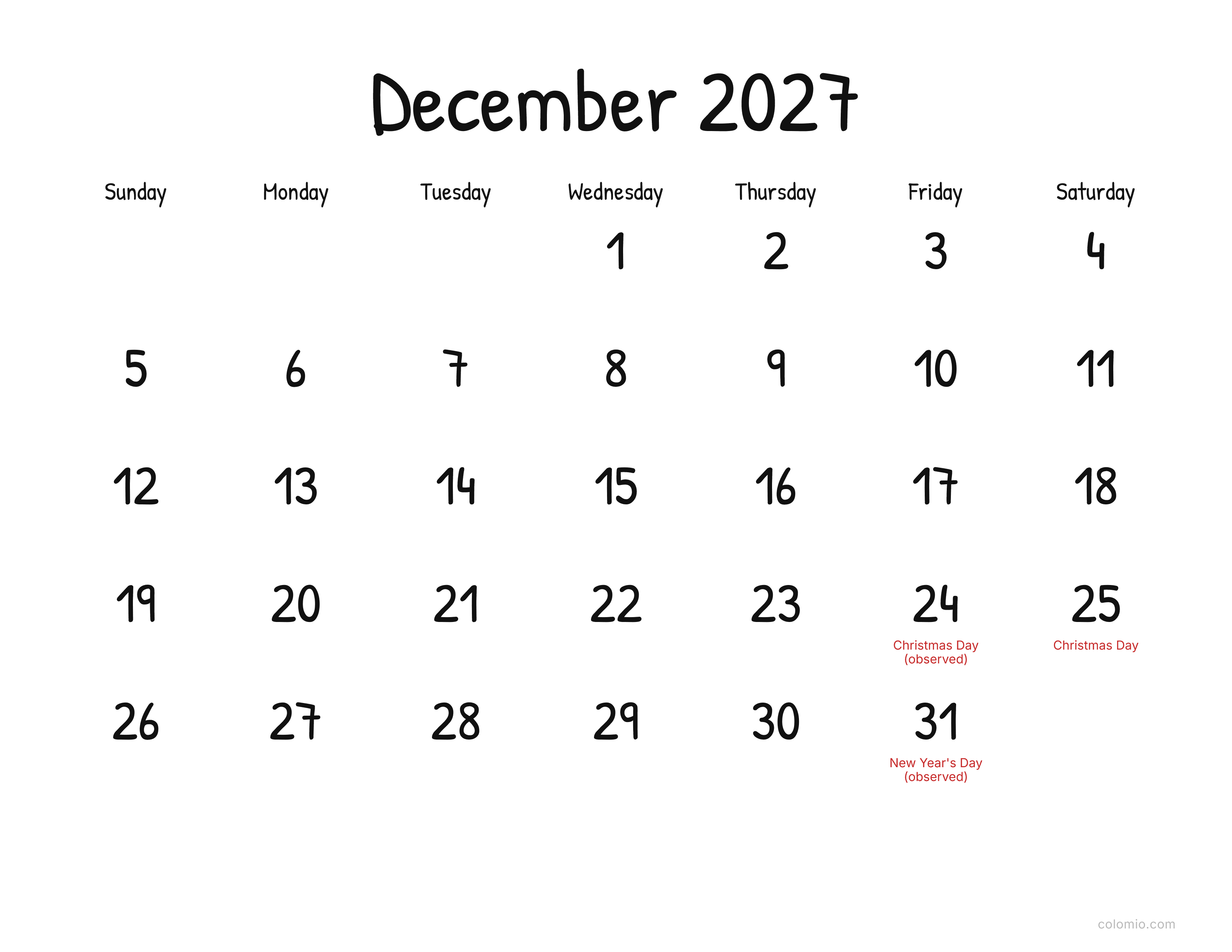 December 2027 calendar display · landscape, printable PDF
