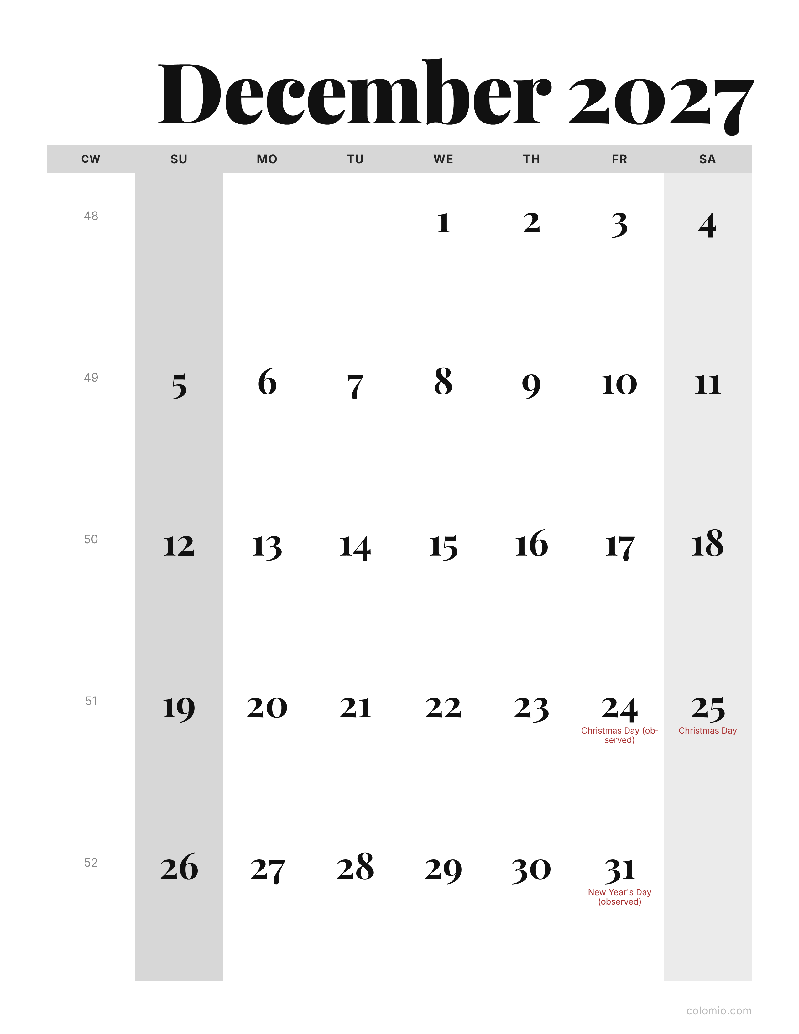 December 2027 calendar editorial · portrait, printable PDF