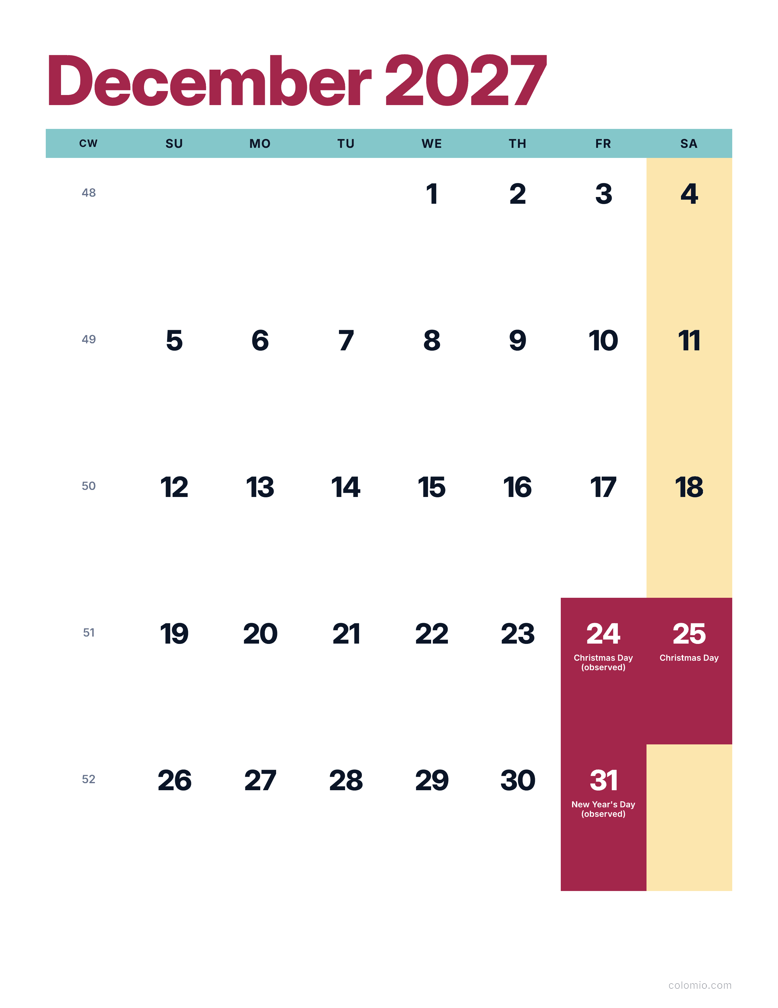 December 2027 calendar bright & modern · portrait, printable PDF