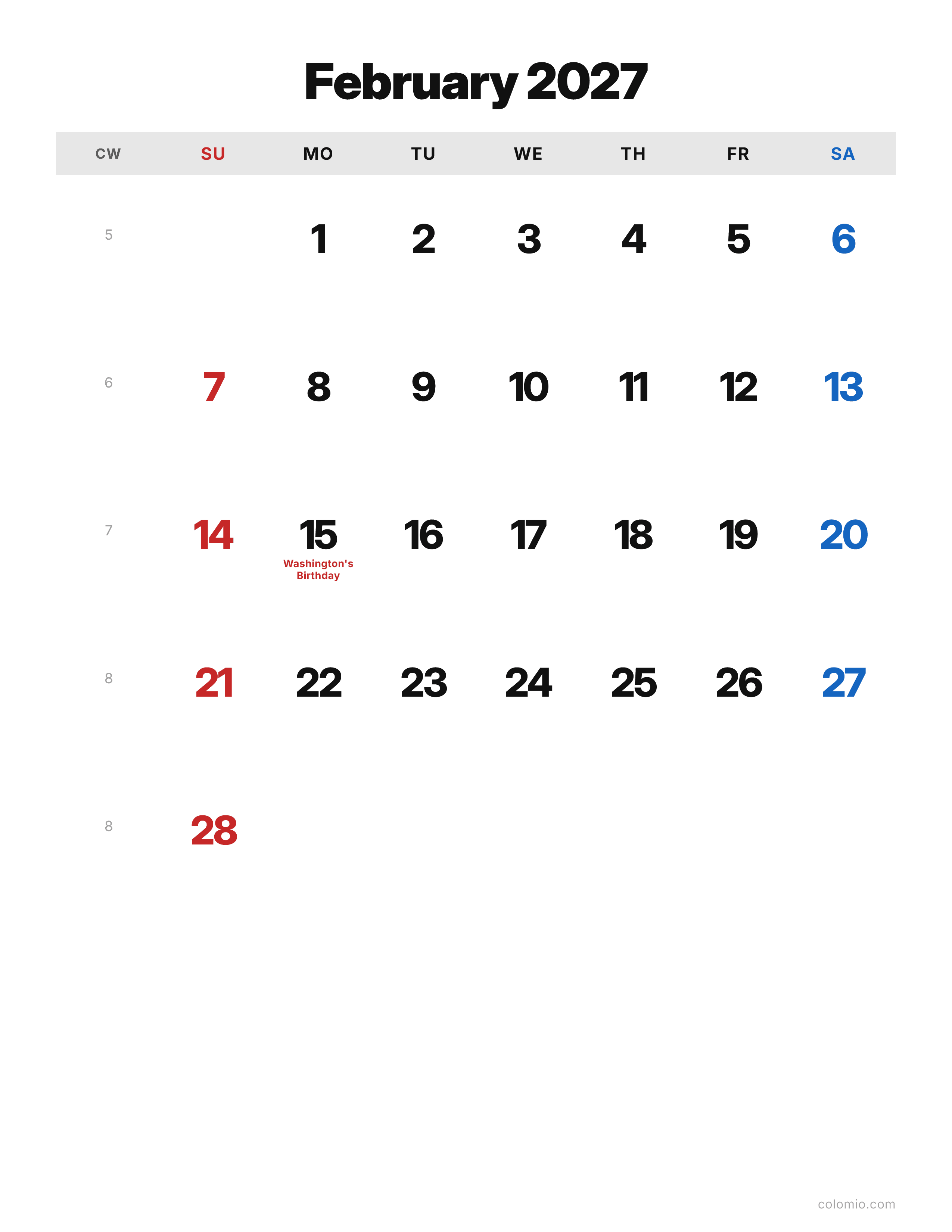 February 2027 calendar classic · portrait, printable PDF