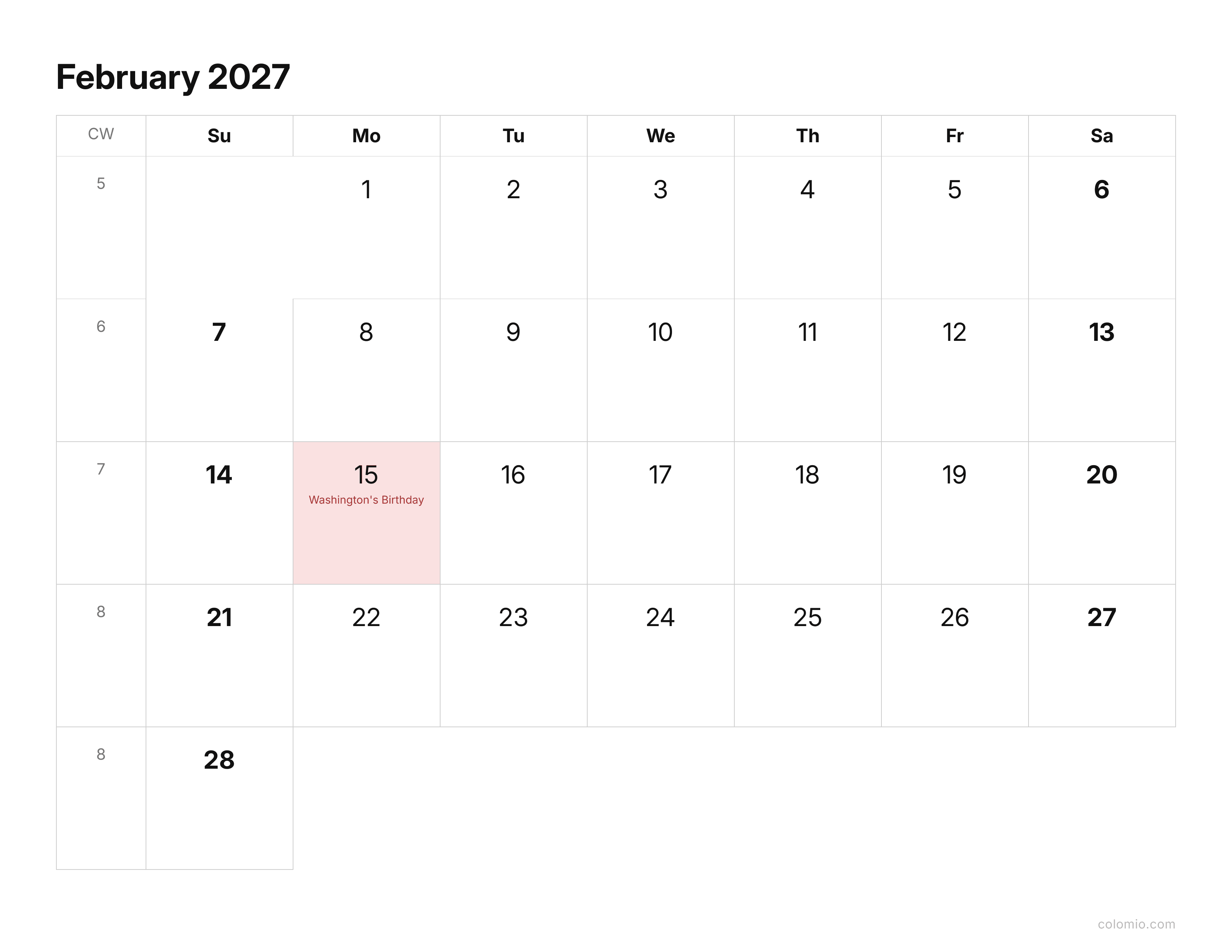 February 2027 calendar clean & minimal · landscape, printable PDF