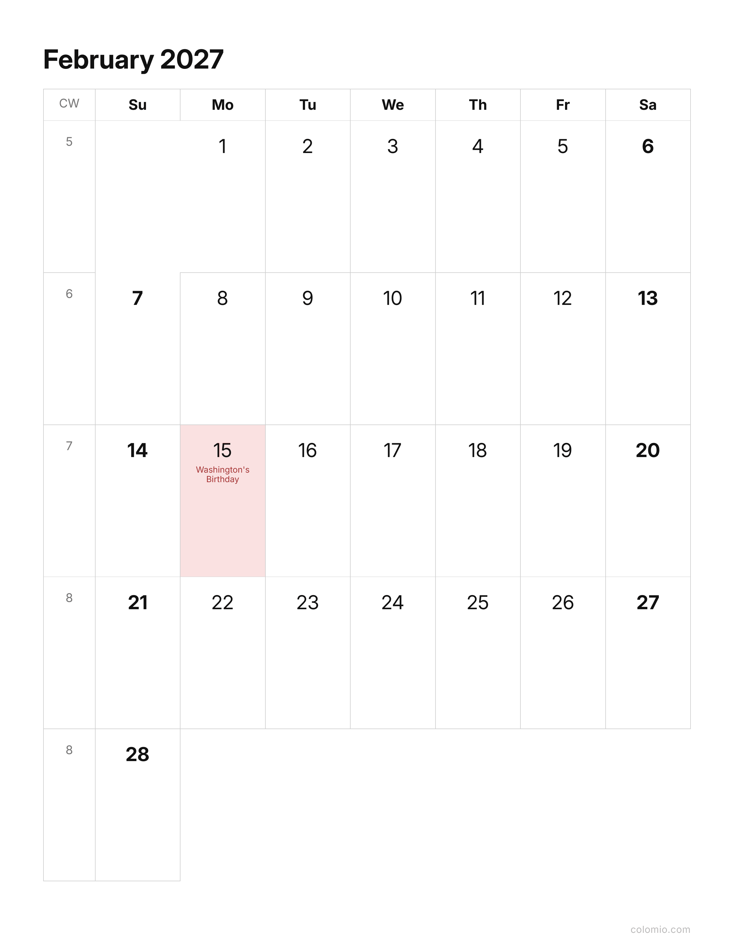 February 2027 calendar clean & minimal · portrait, printable PDF