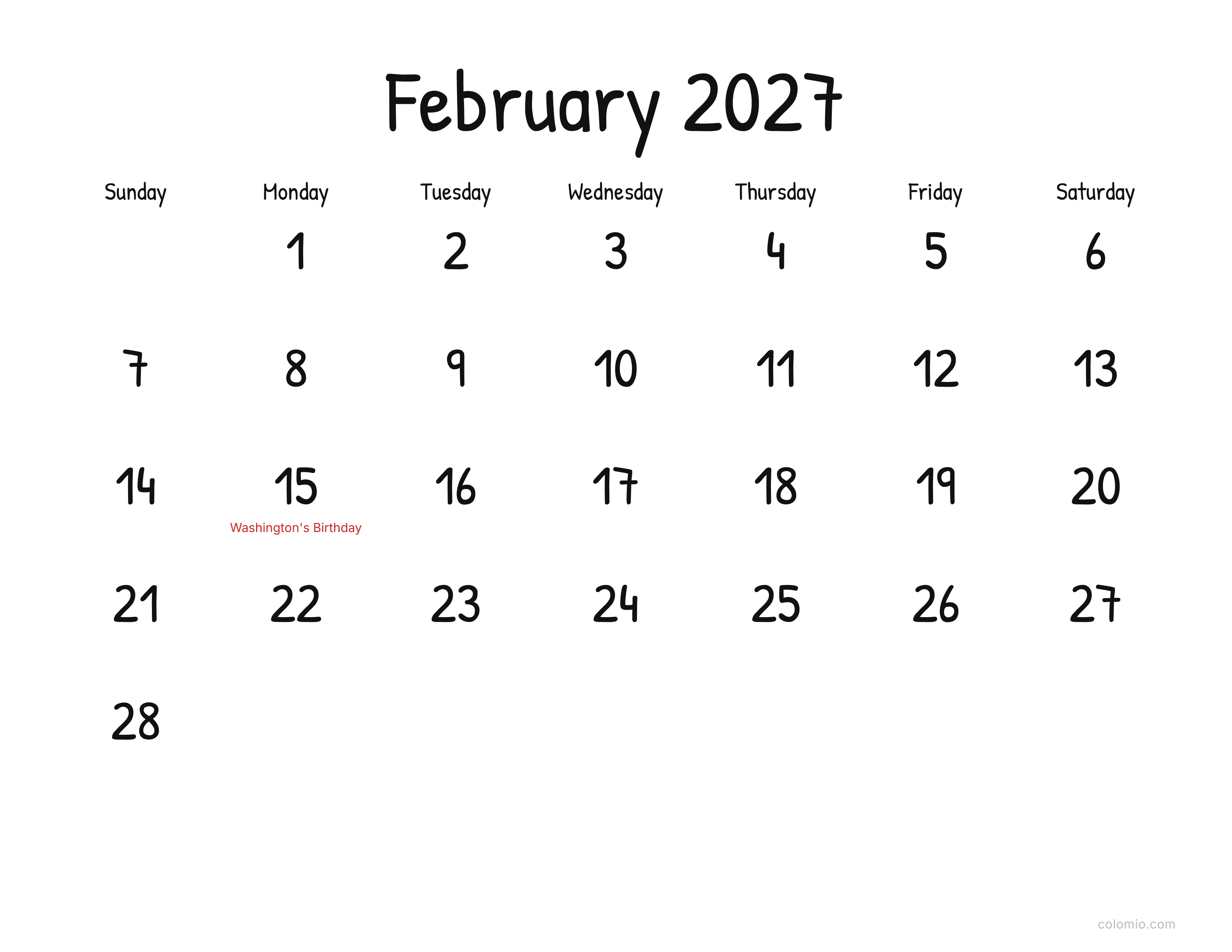 February 2027 calendar display · landscape, printable PDF