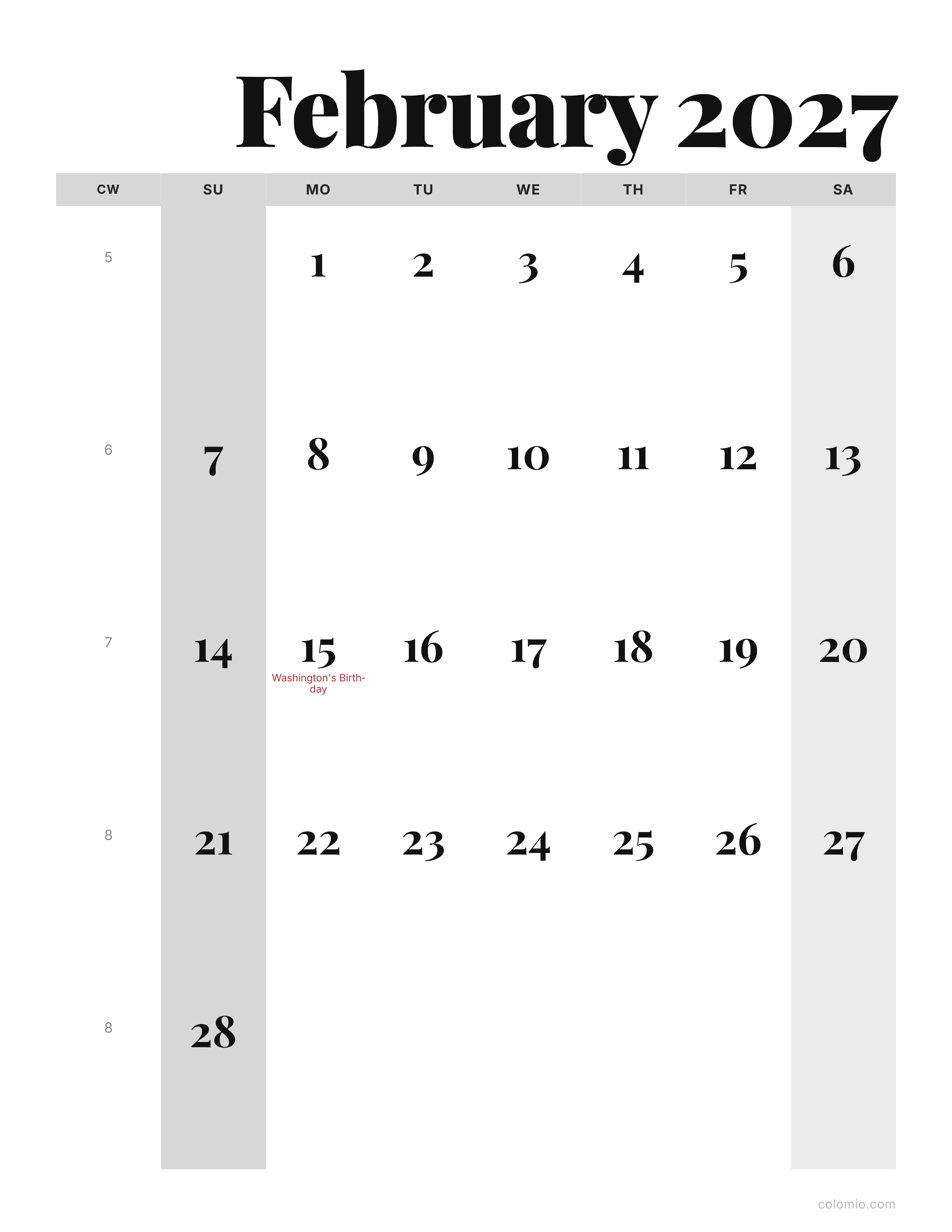 February 2027 calendar editorial · portrait, printable PDF