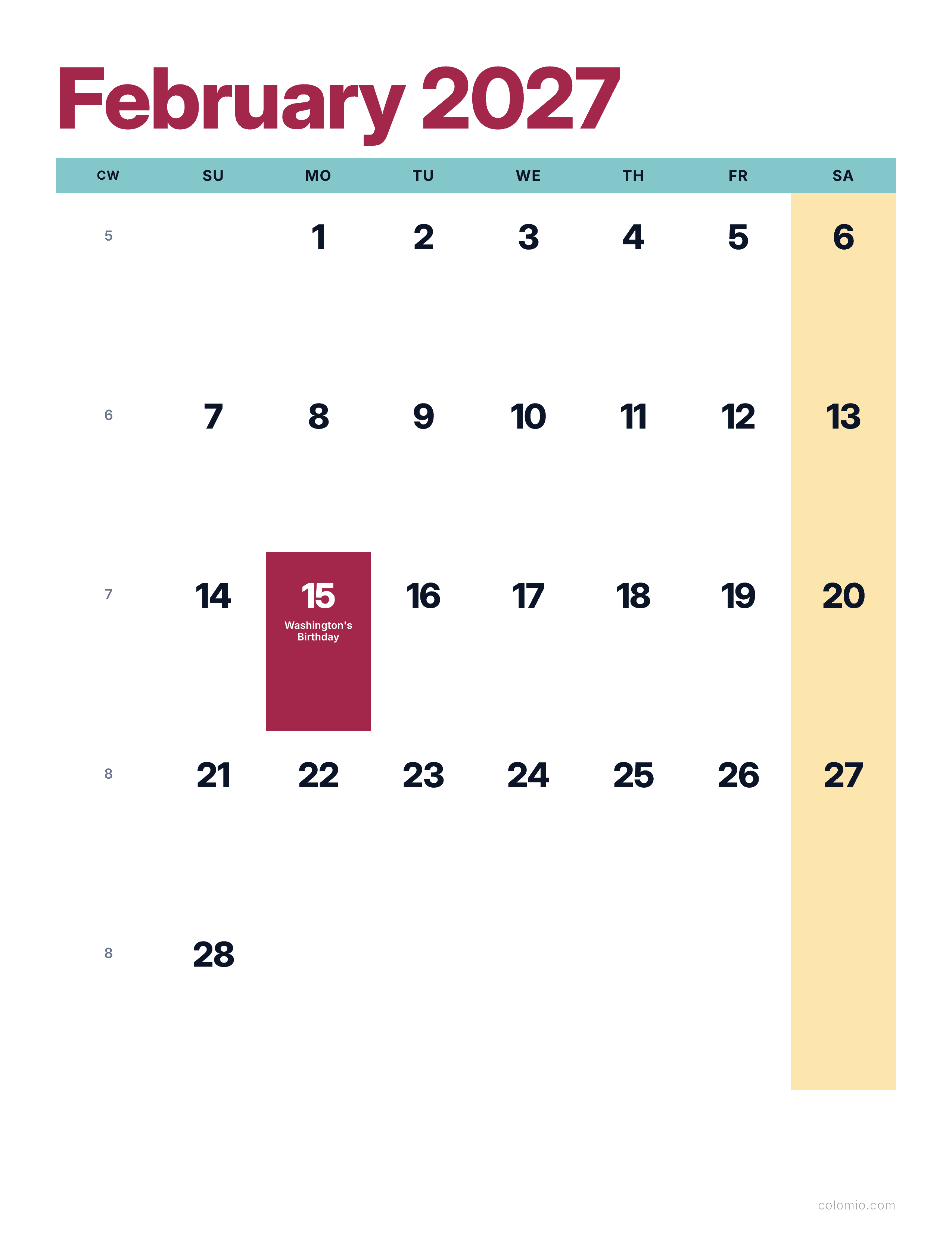 February 2027 calendar bright & modern · portrait, printable PDF