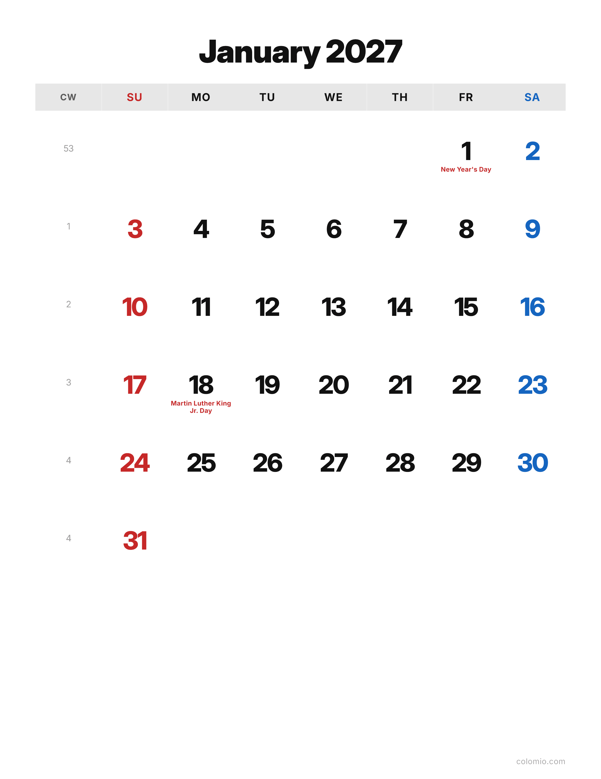 January 2027 calendar classic · portrait, printable PDF