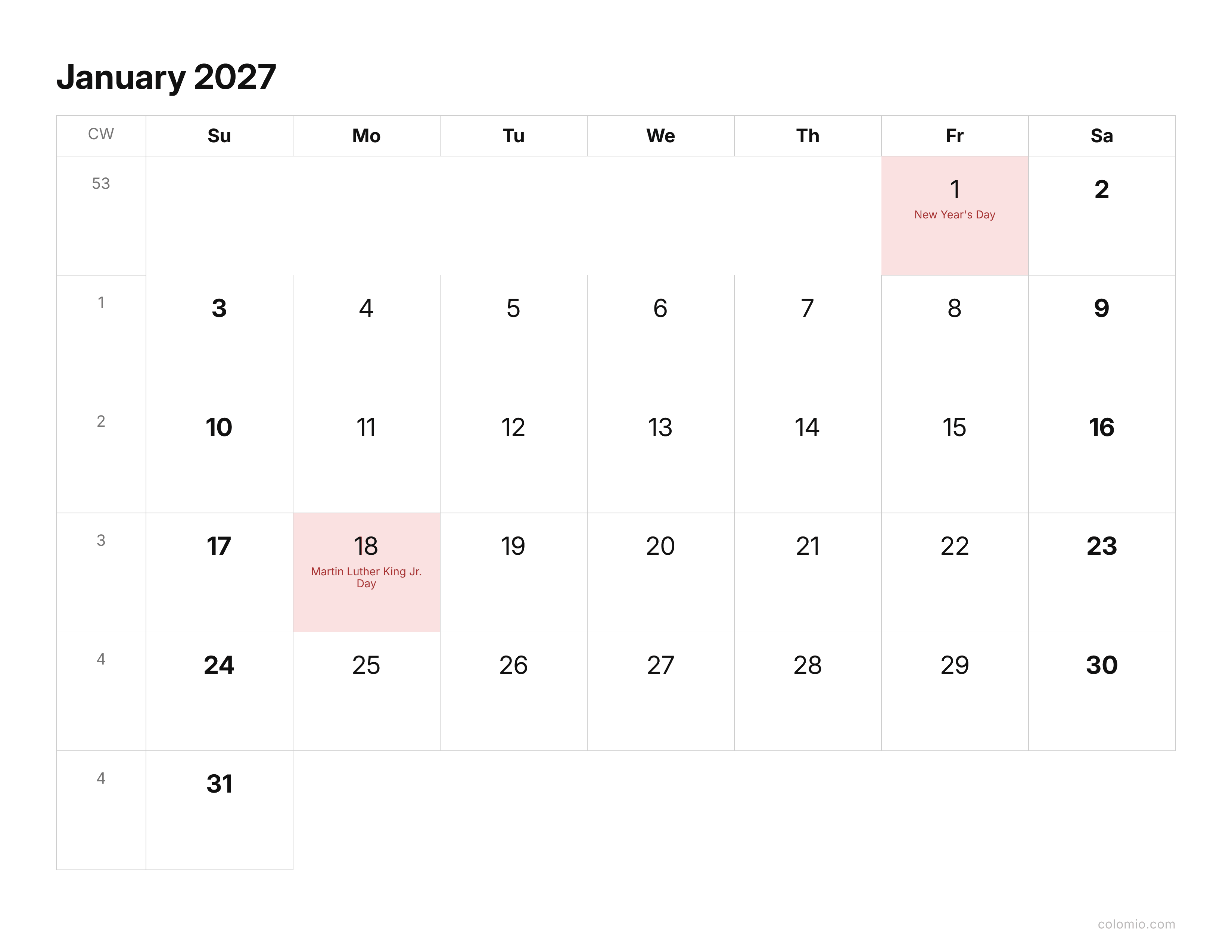 January 2027 calendar clean & minimal · landscape, printable PDF