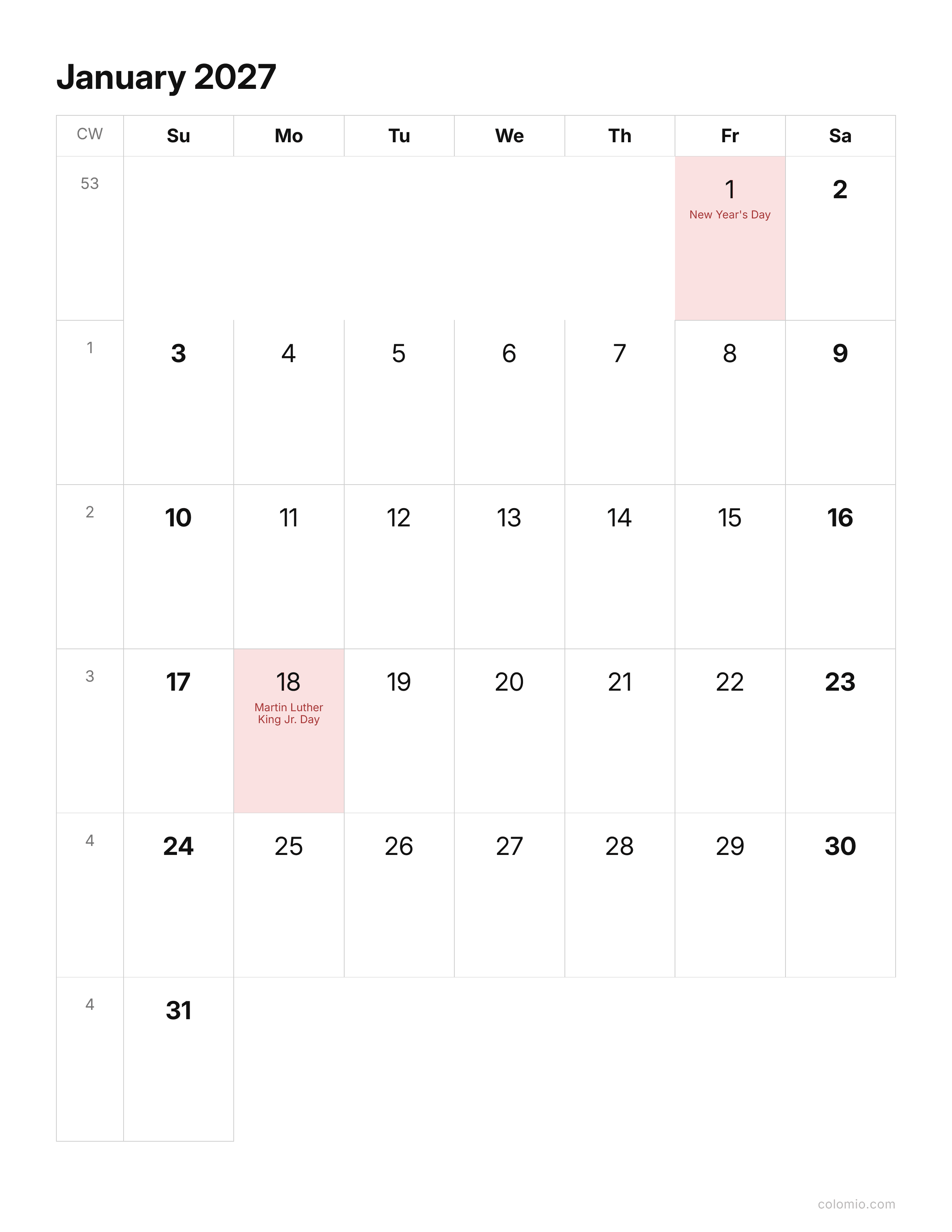 January 2027 calendar clean & minimal · portrait, printable PDF
