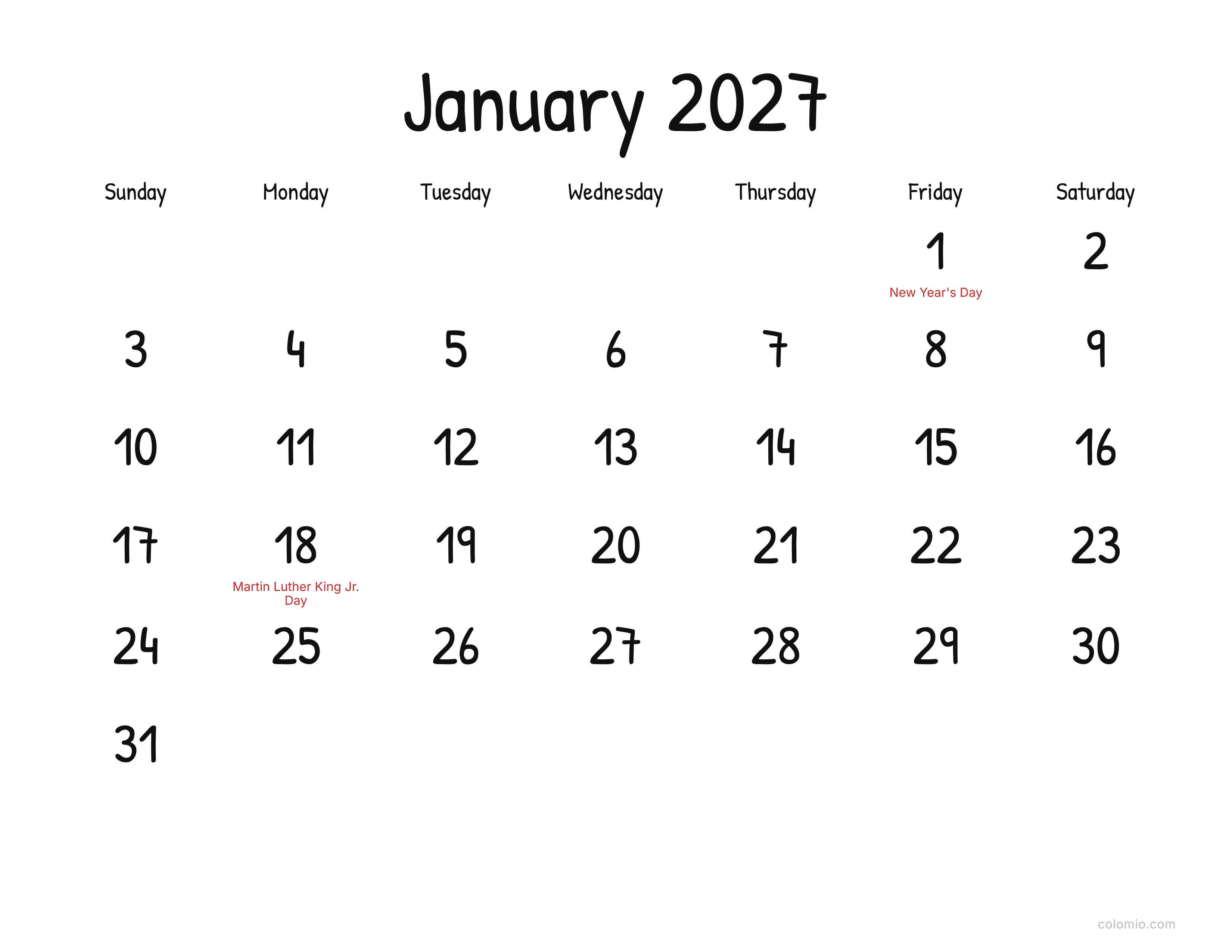 January 2027 calendar display · landscape, printable PDF