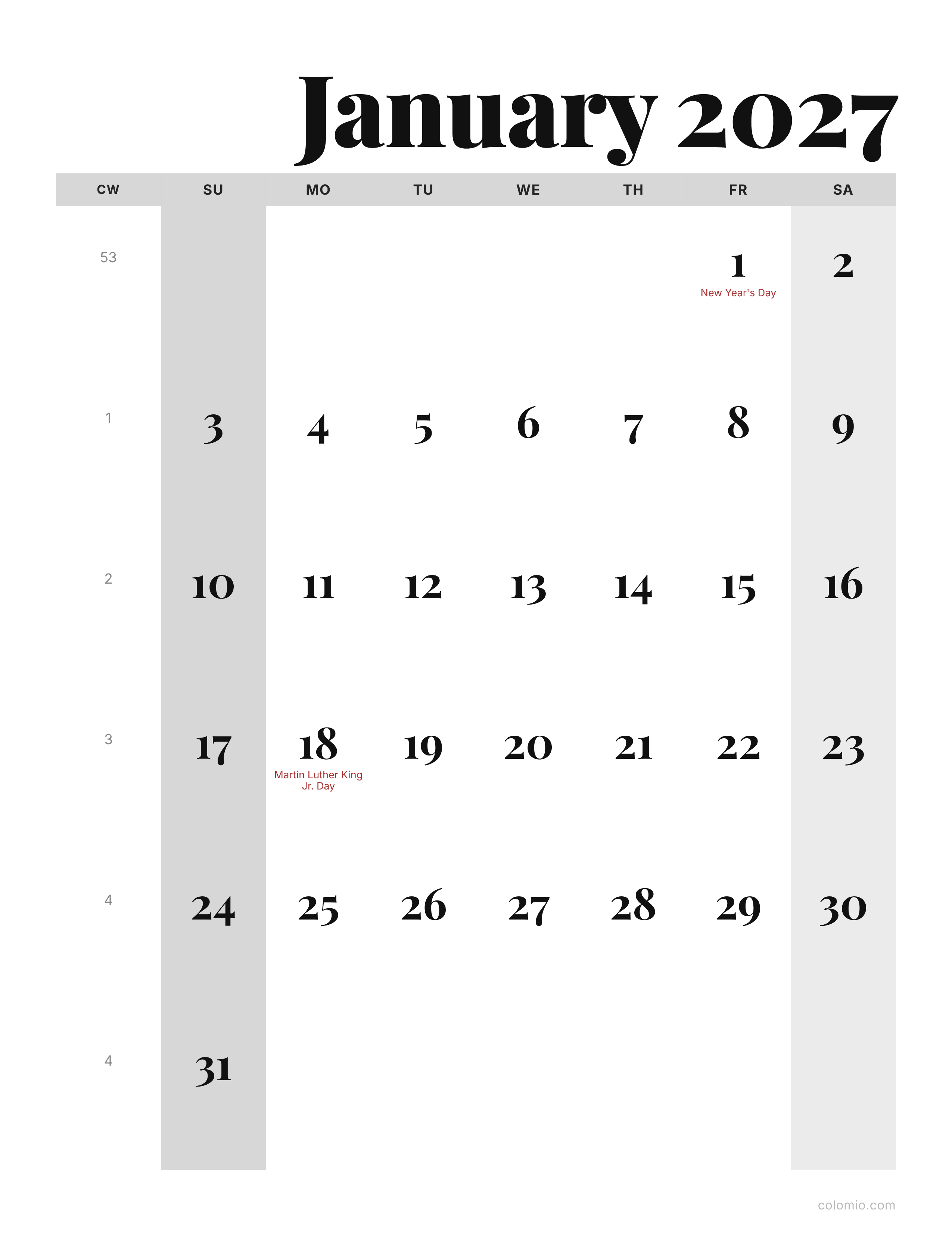 January 2027 calendar editorial · portrait, printable PDF