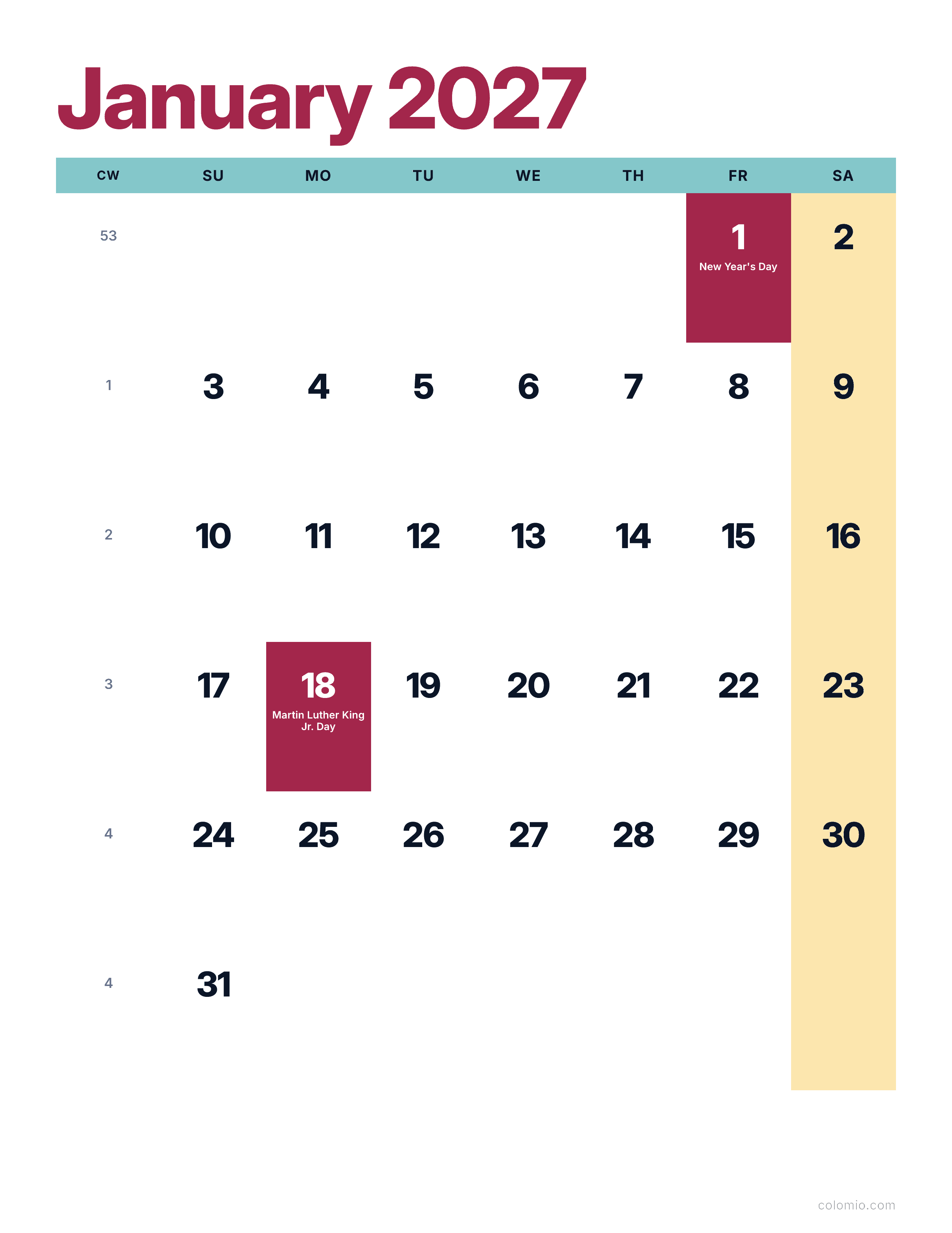 January 2027 calendar bright & modern · portrait, printable PDF