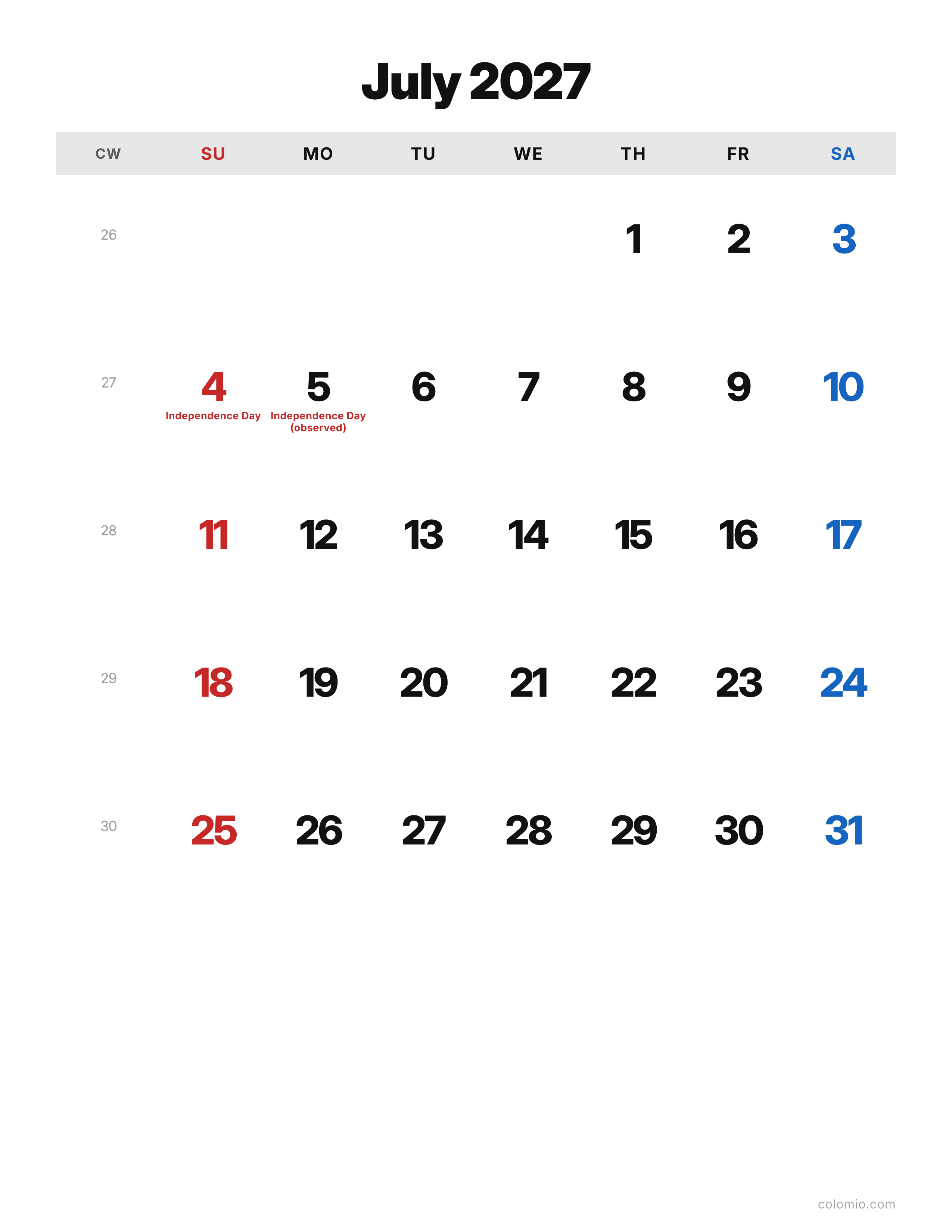 July 2027 calendar classic · portrait, printable PDF