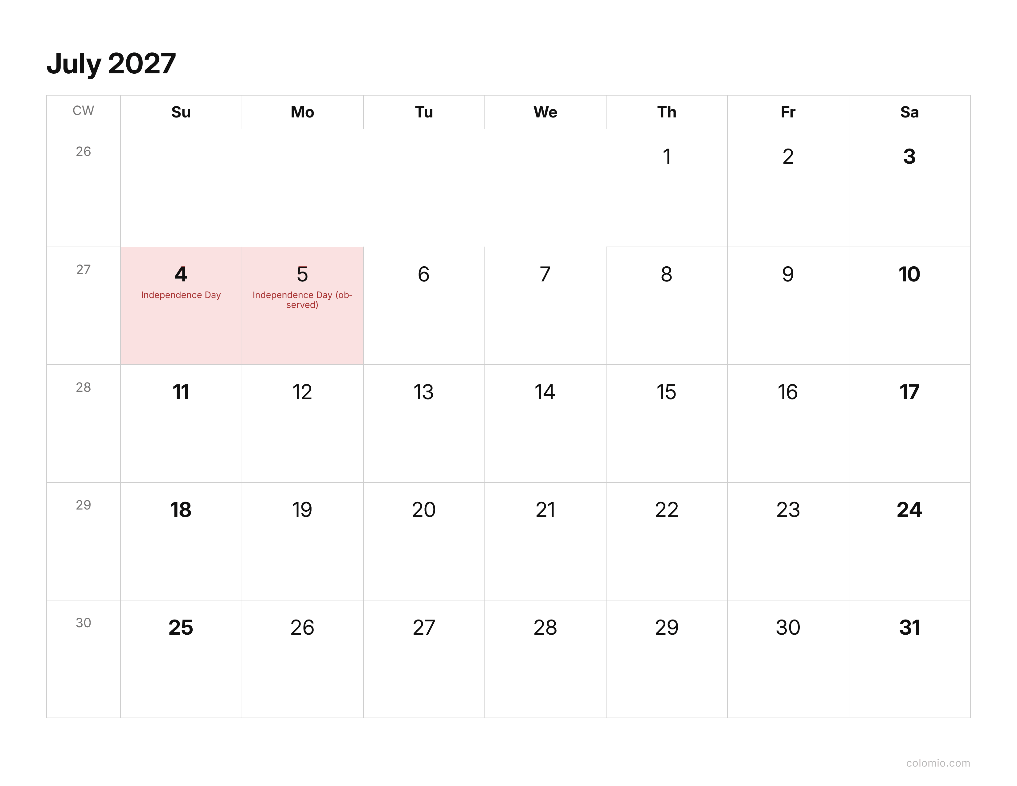 July 2027 calendar clean & minimal · landscape, printable PDF