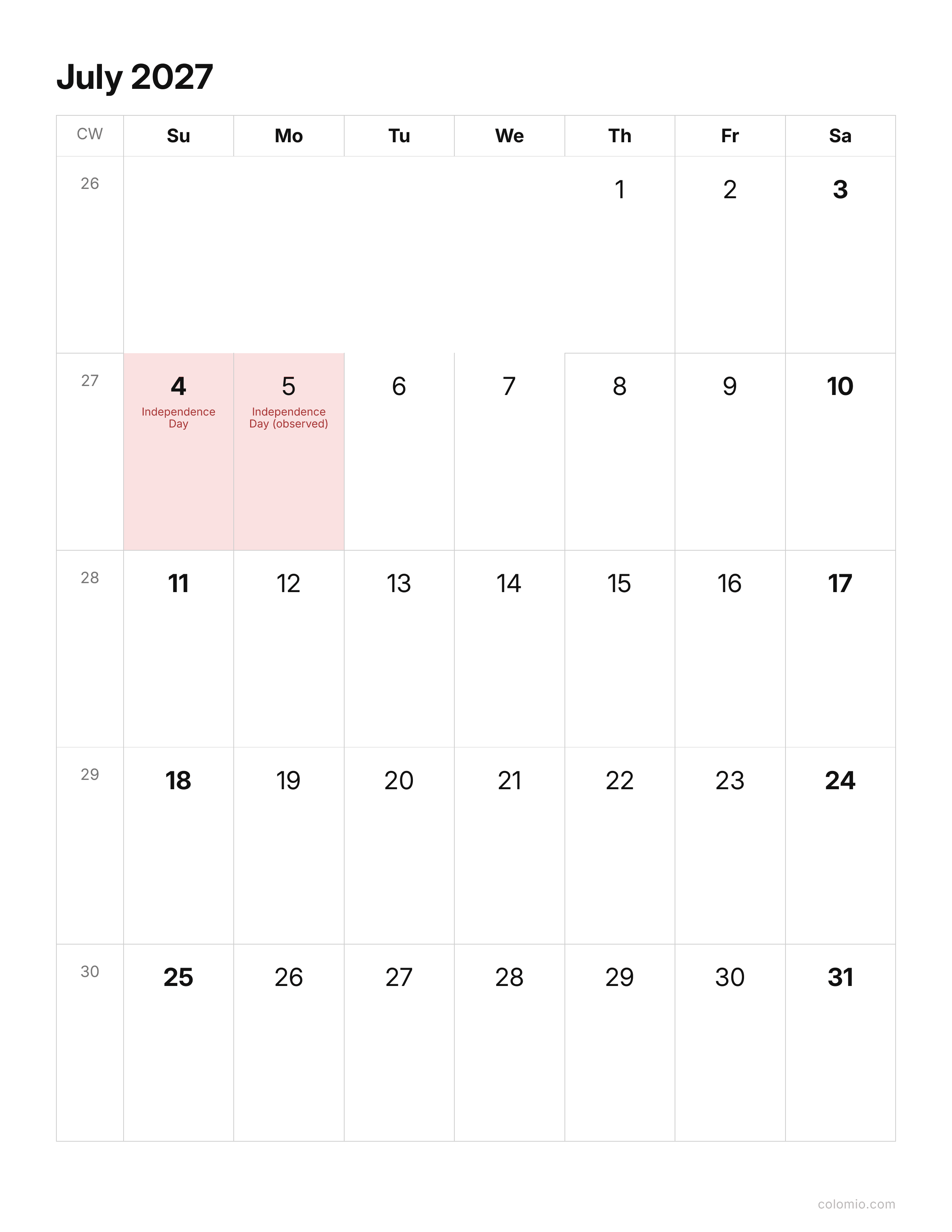 July 2027 calendar clean & minimal · portrait, printable PDF