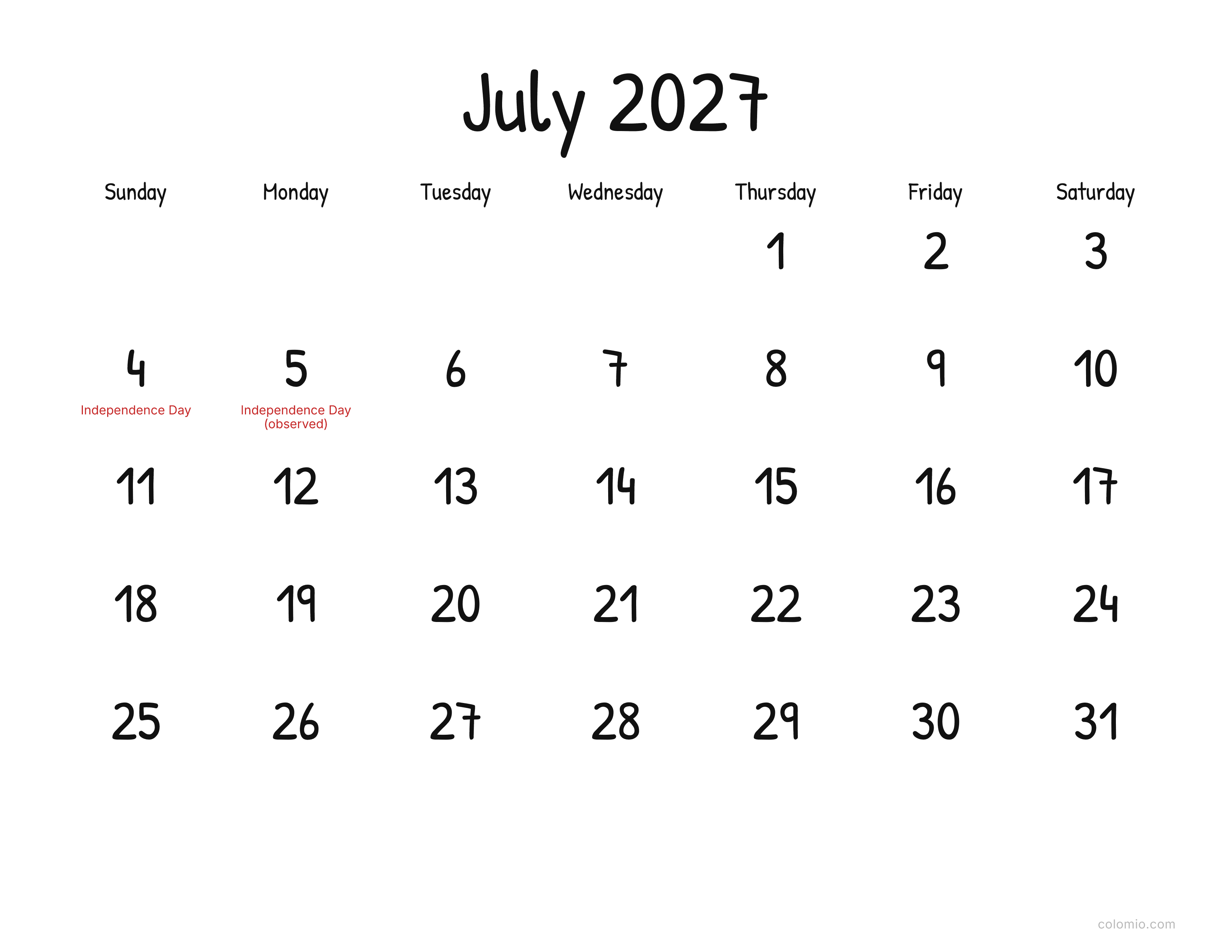 July 2027 calendar display · landscape, printable PDF