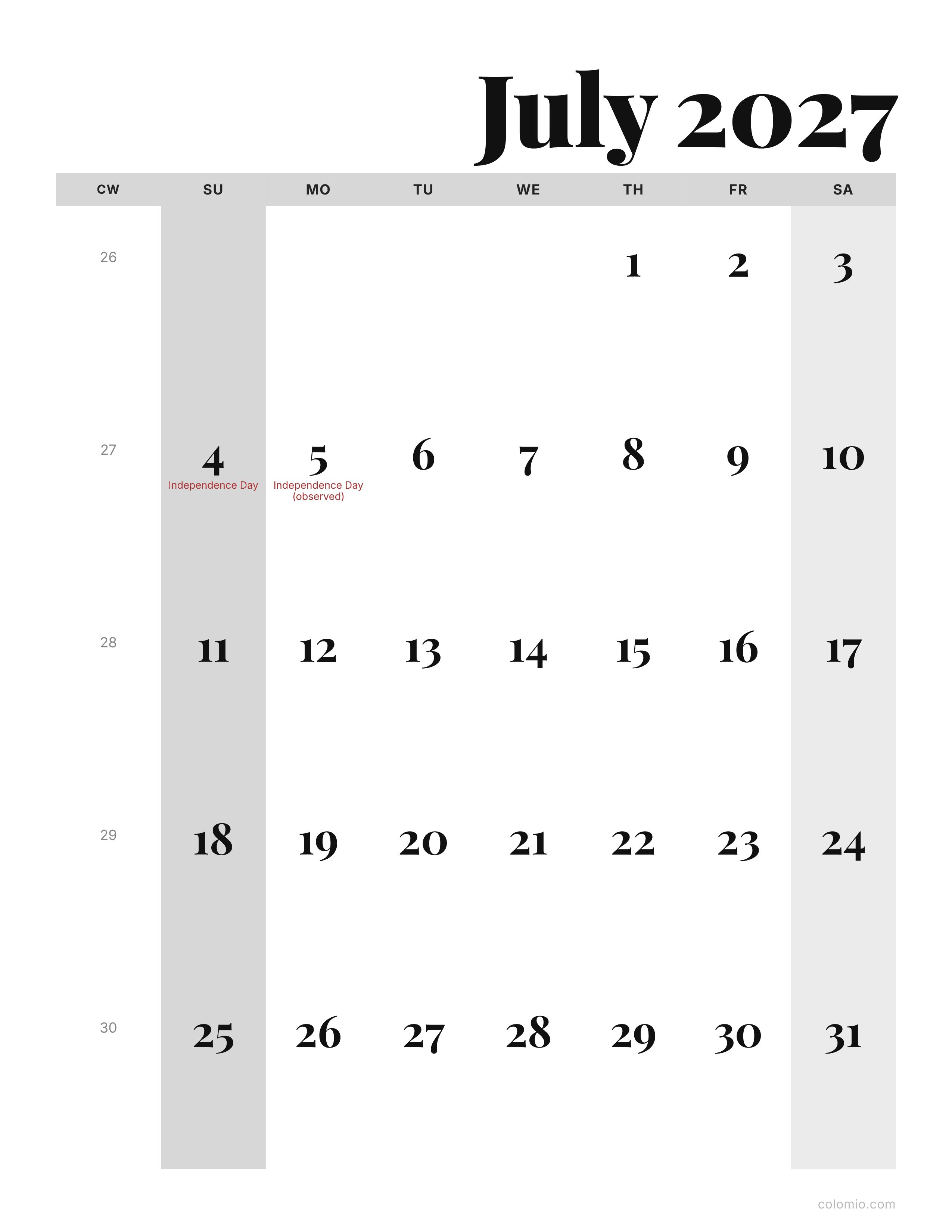 July 2027 calendar editorial · portrait, printable PDF
