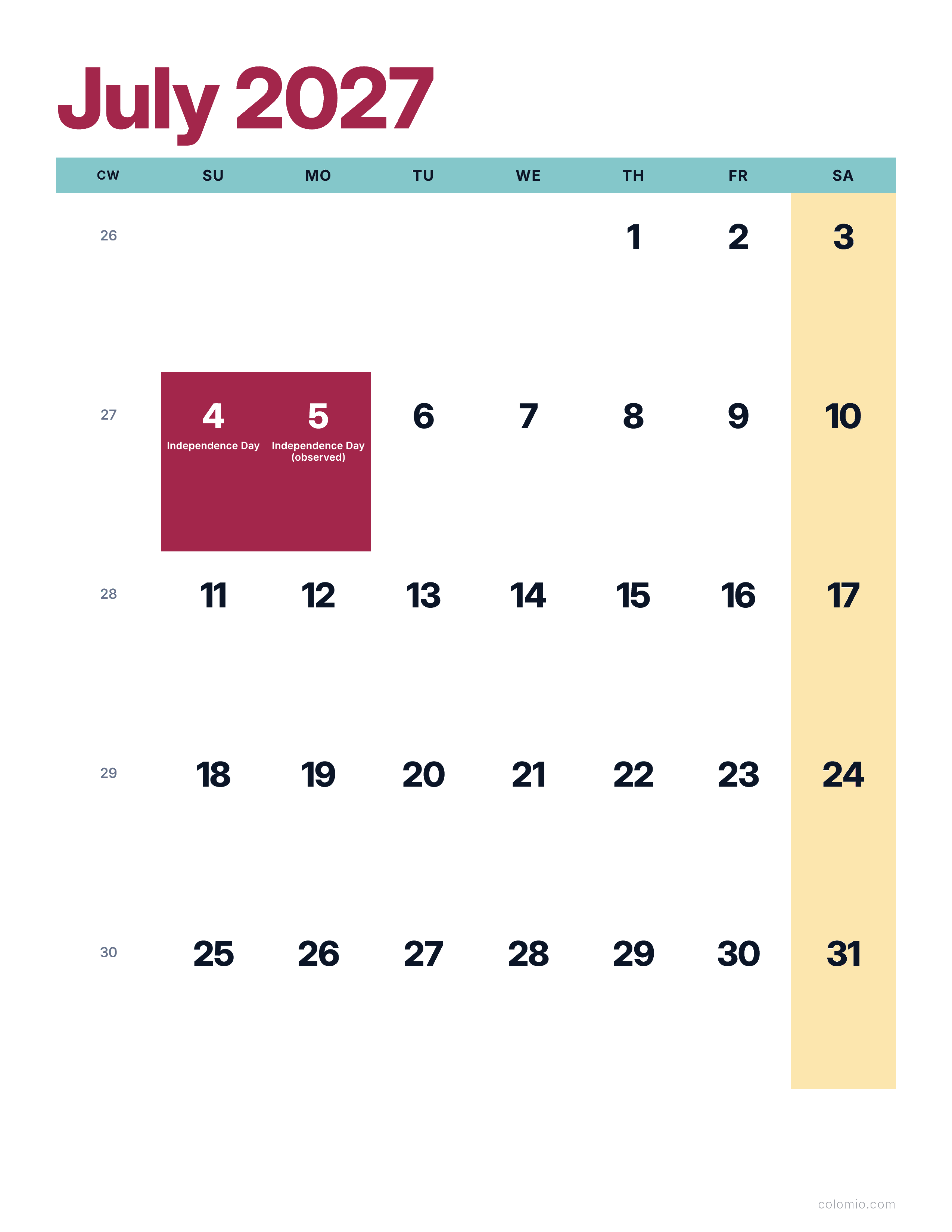 July 2027 calendar bright & modern · portrait, printable PDF