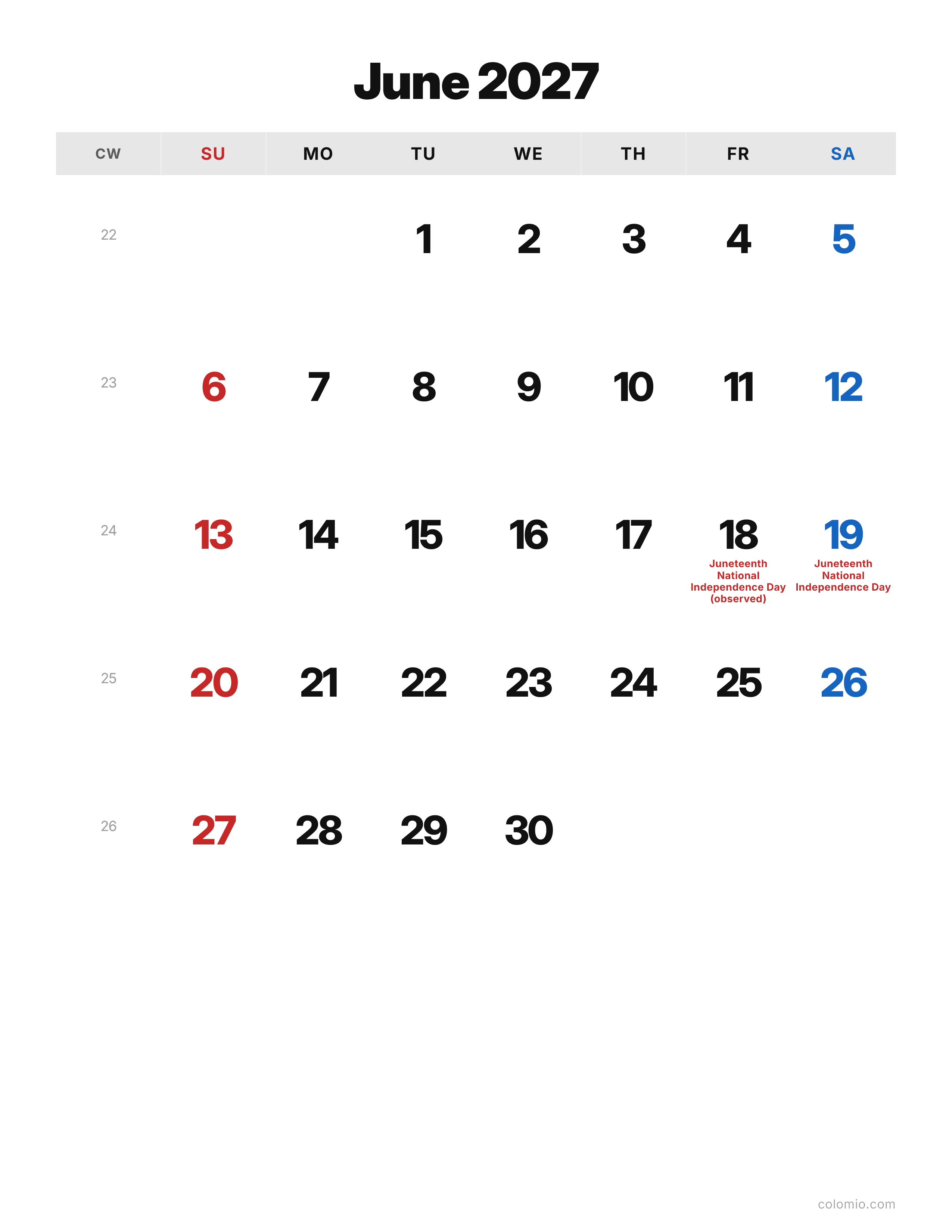 June 2027 calendar classic · portrait, printable PDF