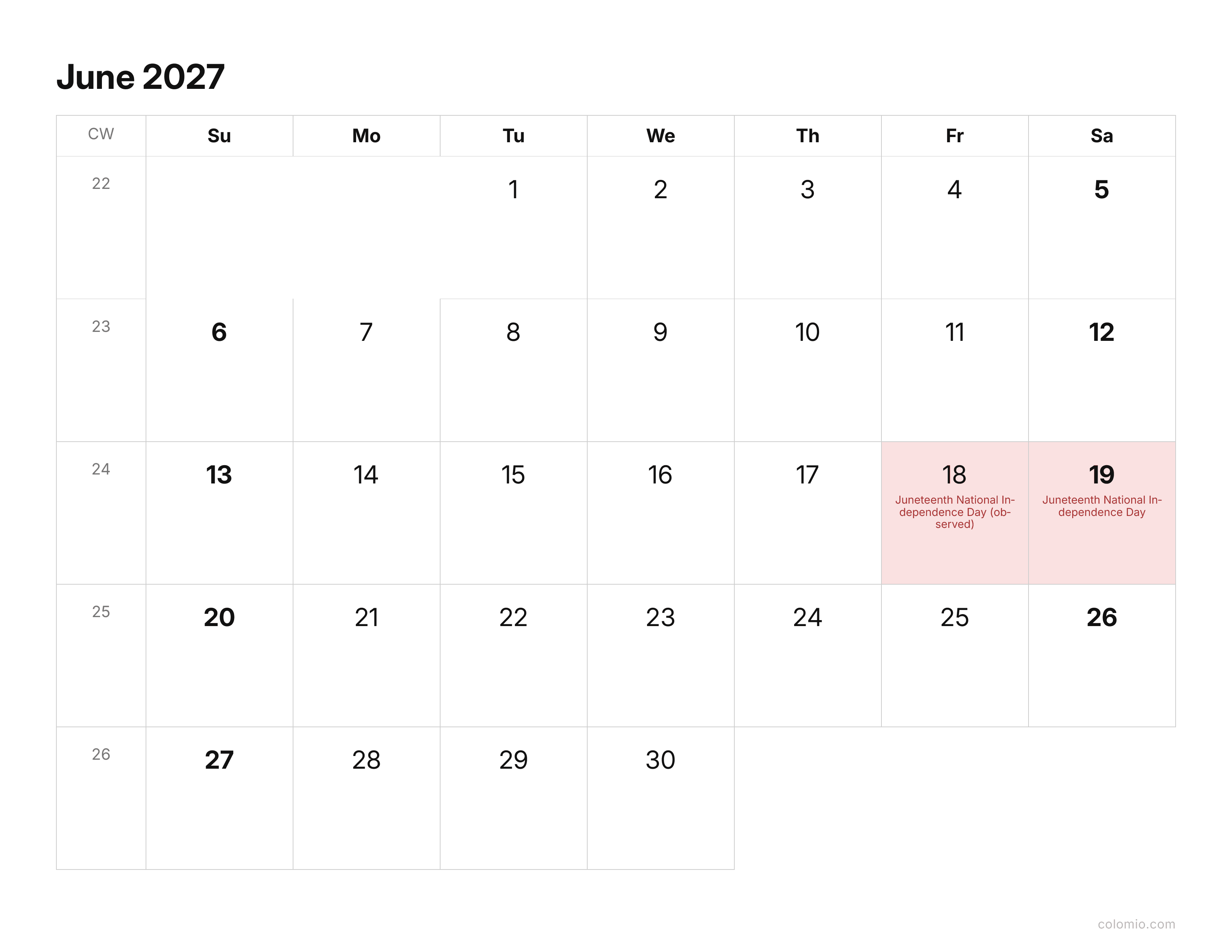 June 2027 calendar clean & minimal · landscape, printable PDF