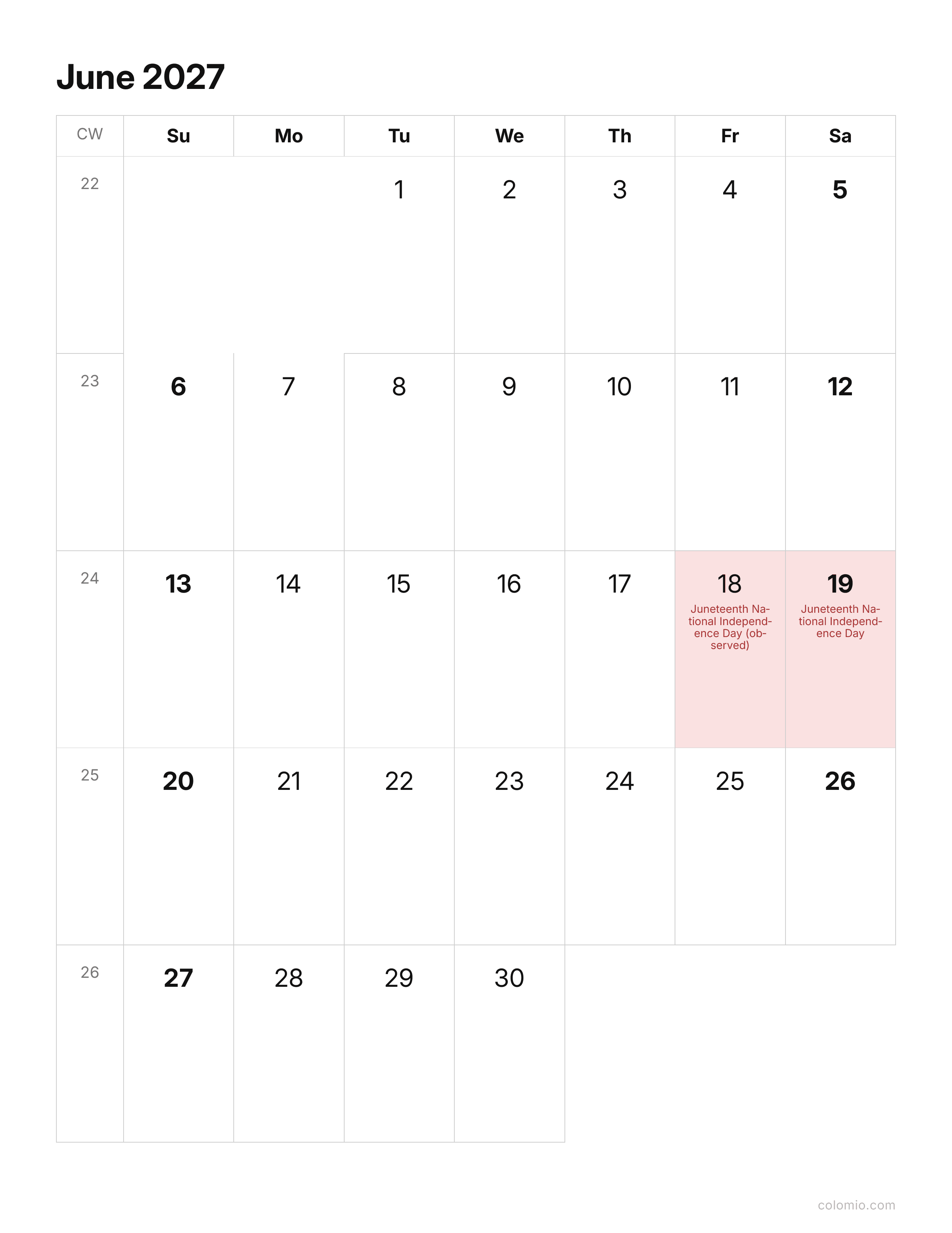 June 2027 calendar clean & minimal · portrait, printable PDF