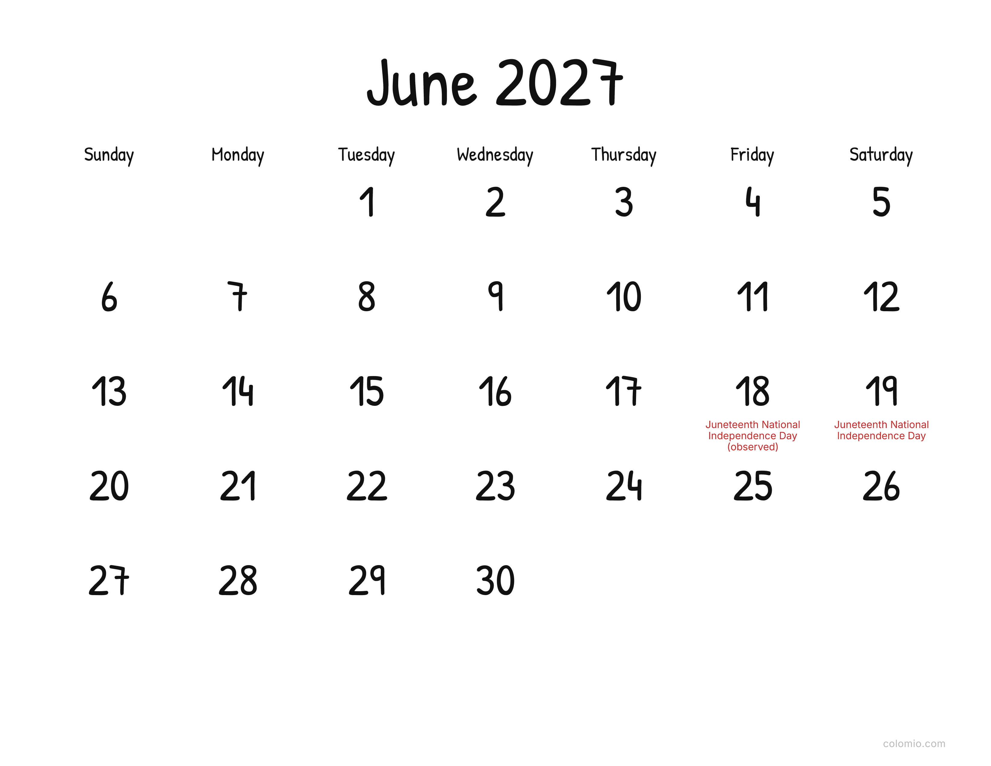 June 2027 calendar display · landscape, printable PDF