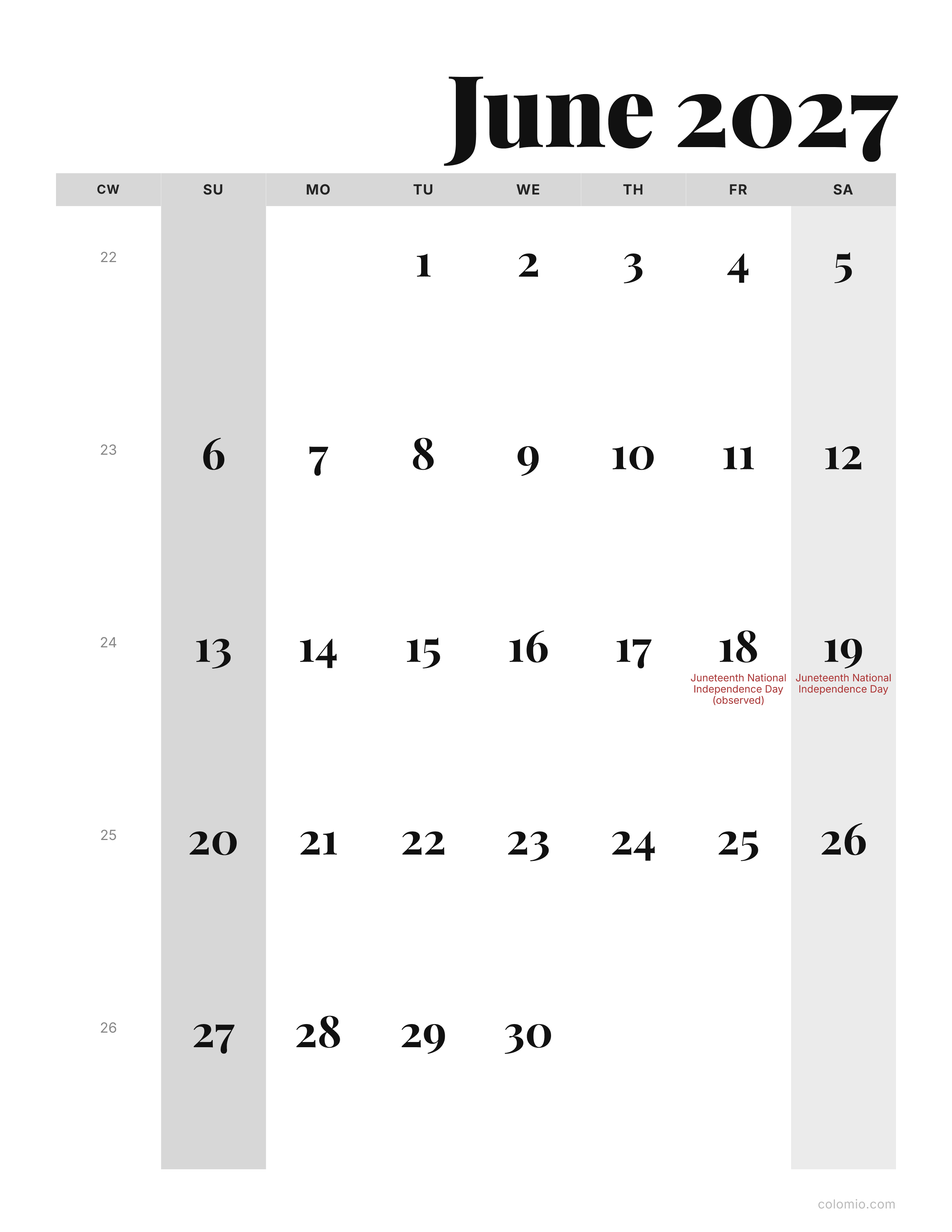 June 2027 calendar editorial · portrait, printable PDF