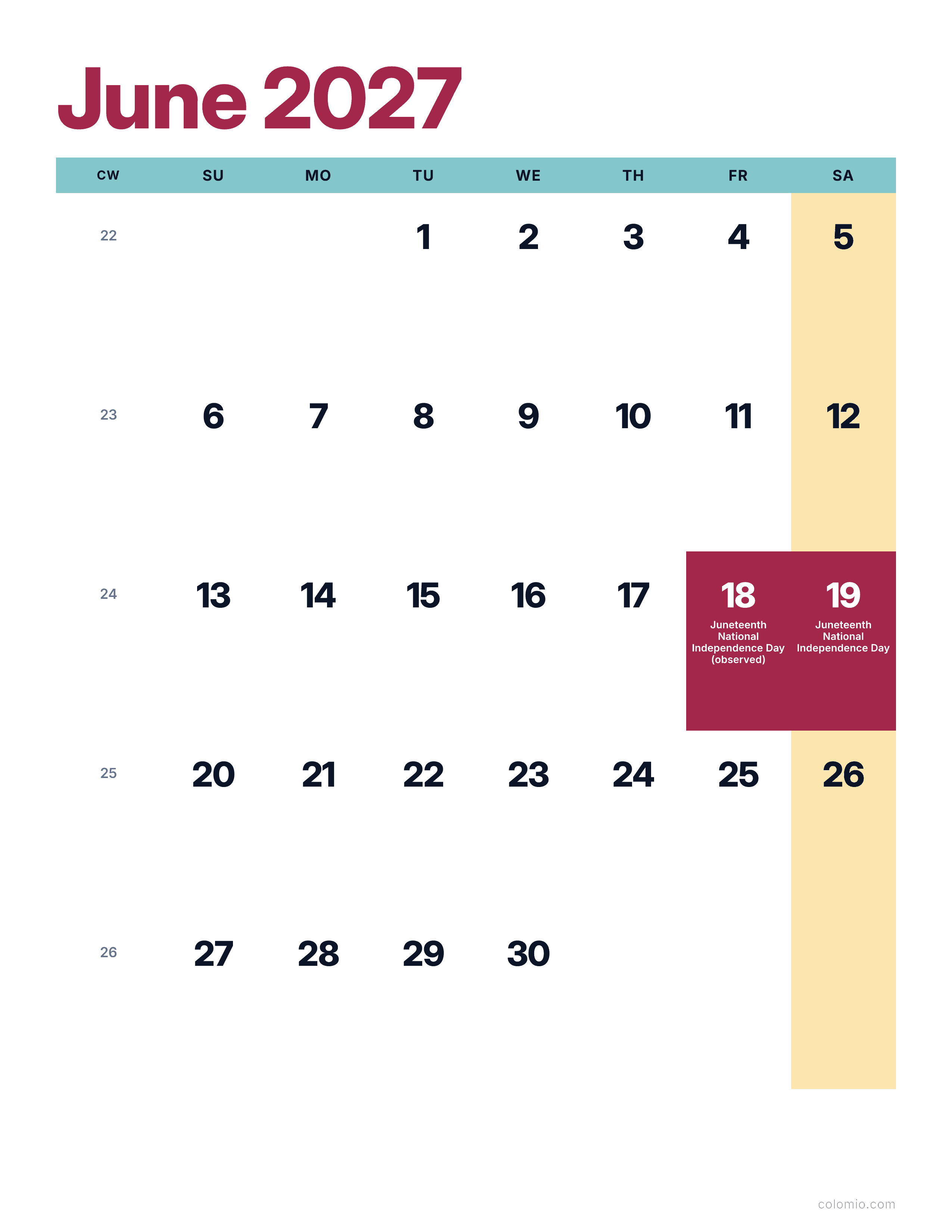 June 2027 calendar bright & modern · portrait, printable PDF