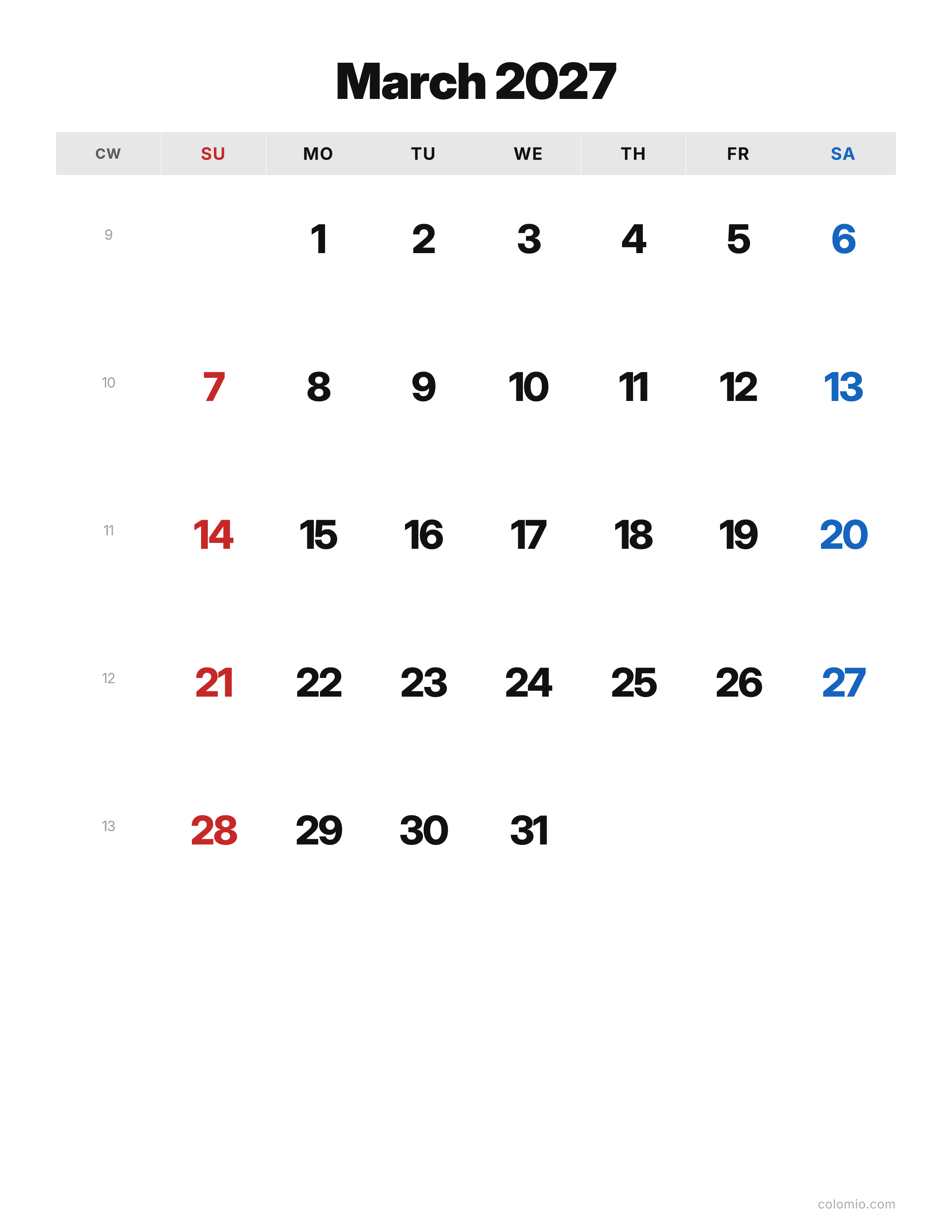 March 2027 calendar classic · portrait, printable PDF