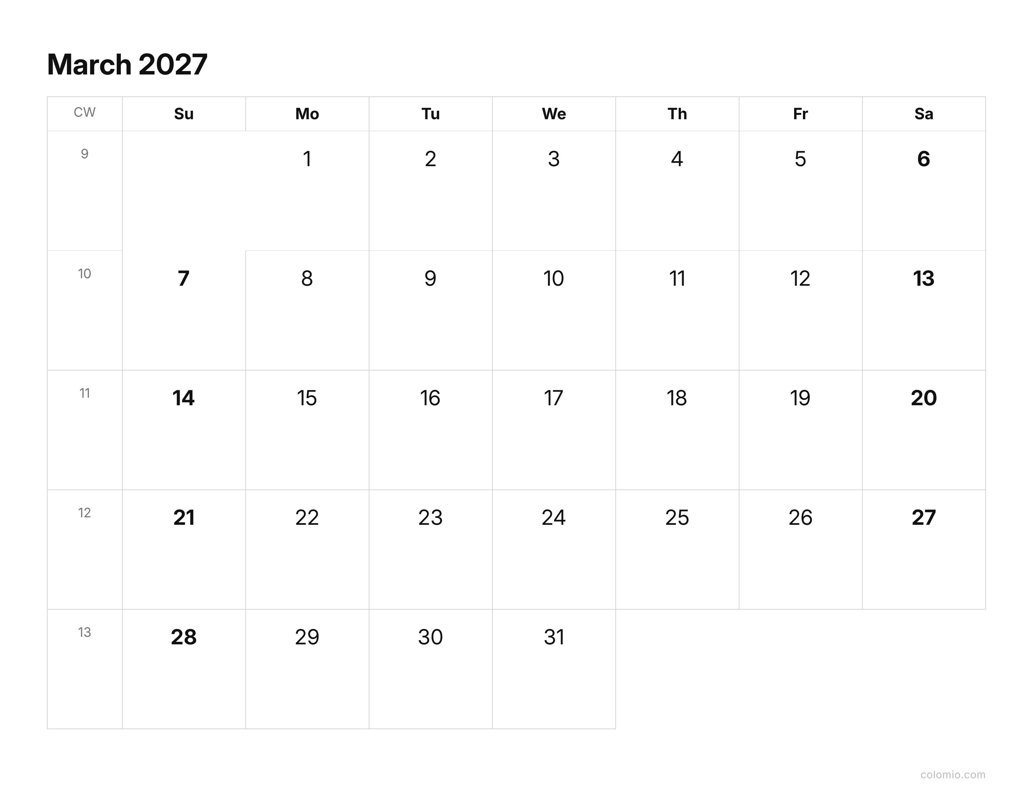 March 2027 calendar clean & minimal · landscape, printable PDF