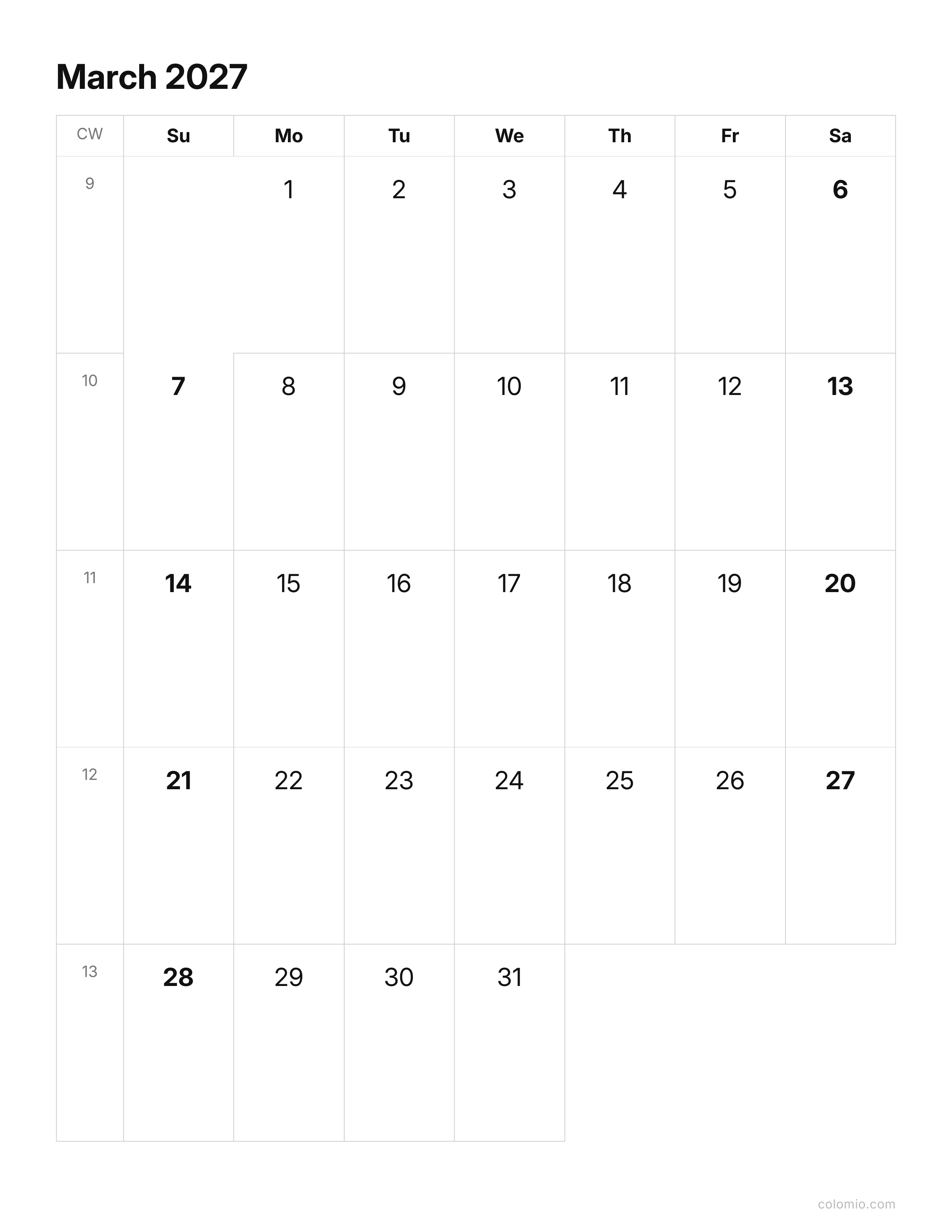 March 2027 calendar clean & minimal · portrait, printable PDF