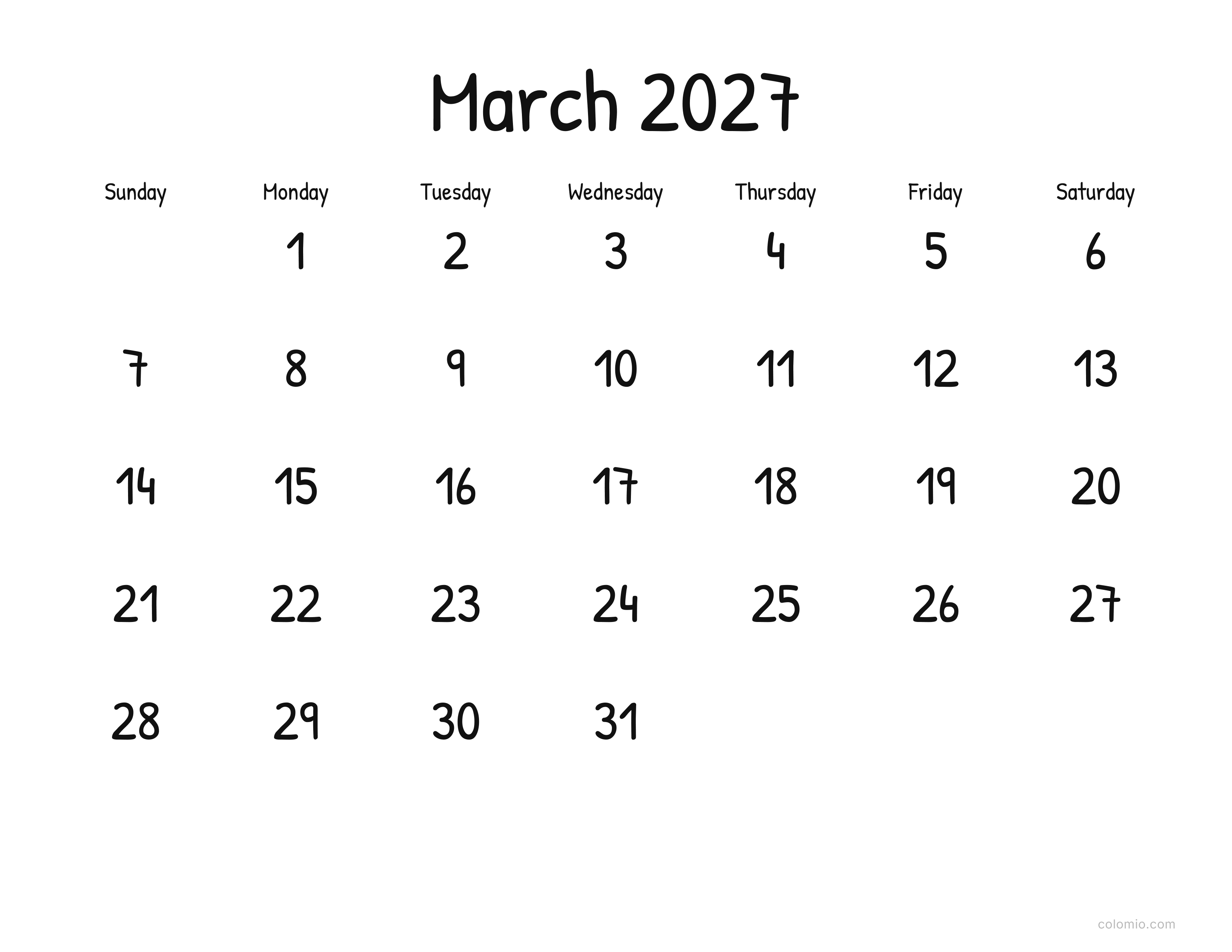 March 2027 calendar display · landscape, printable PDF