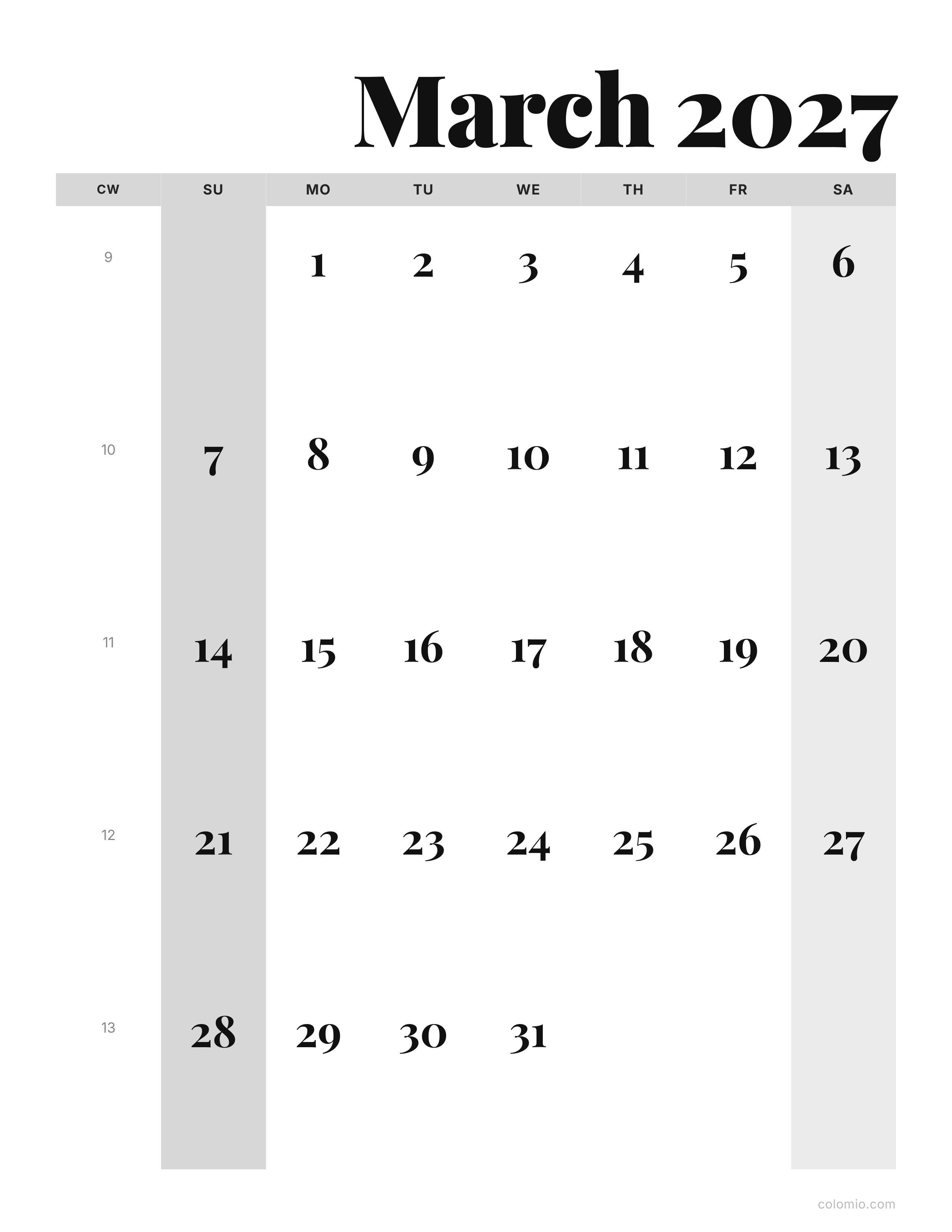 March 2027 calendar editorial · portrait, printable PDF