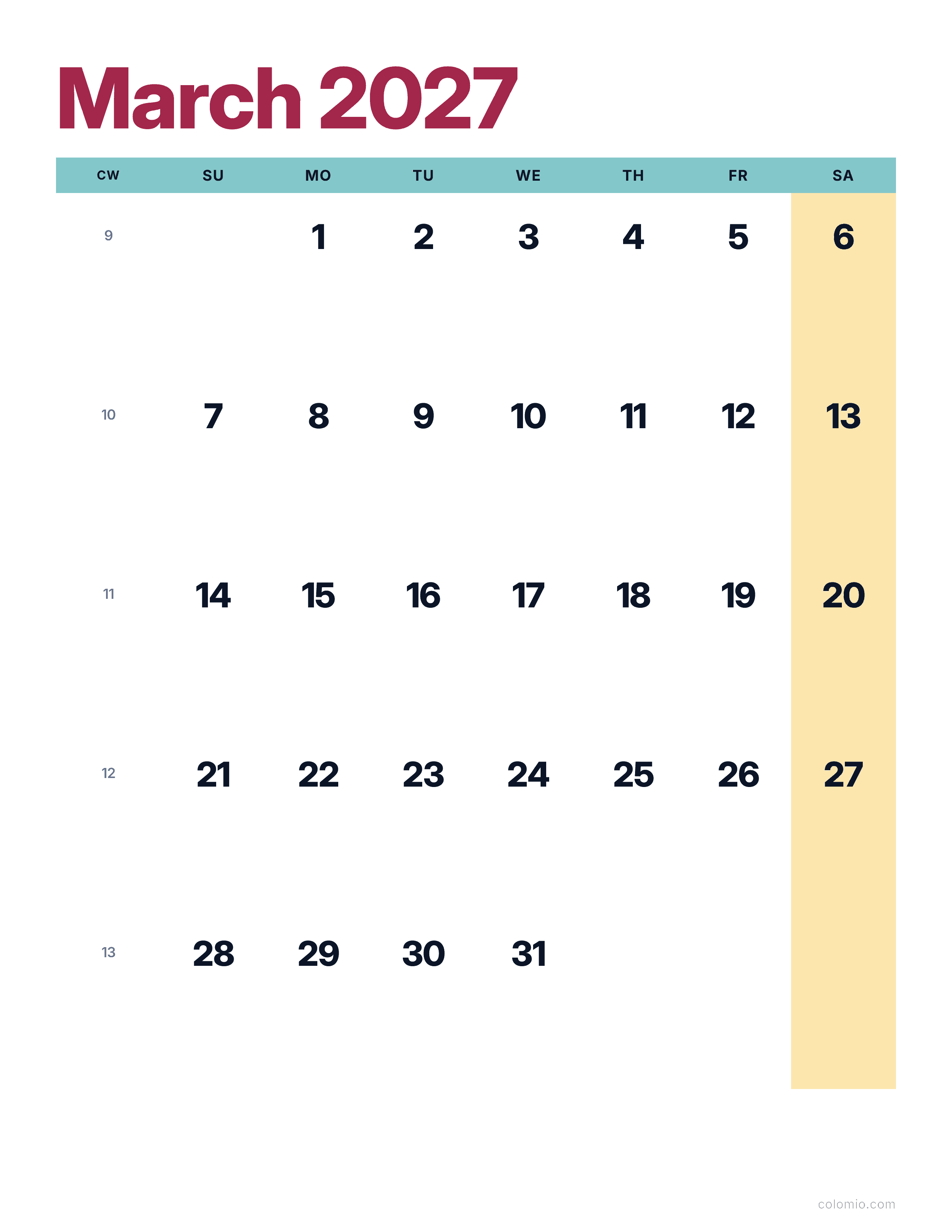 March 2027 calendar bright & modern · portrait, printable PDF