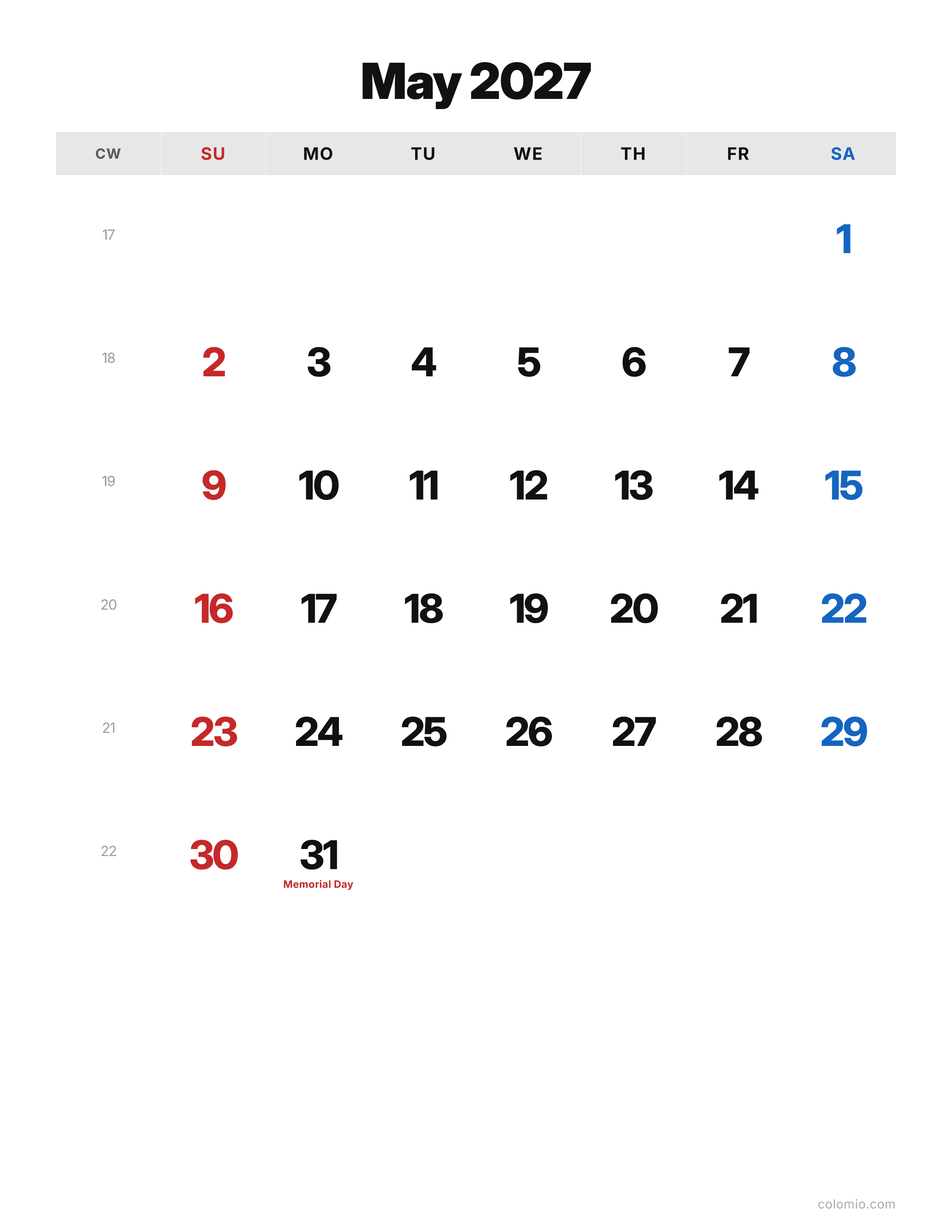 May 2027 calendar classic · portrait, printable PDF