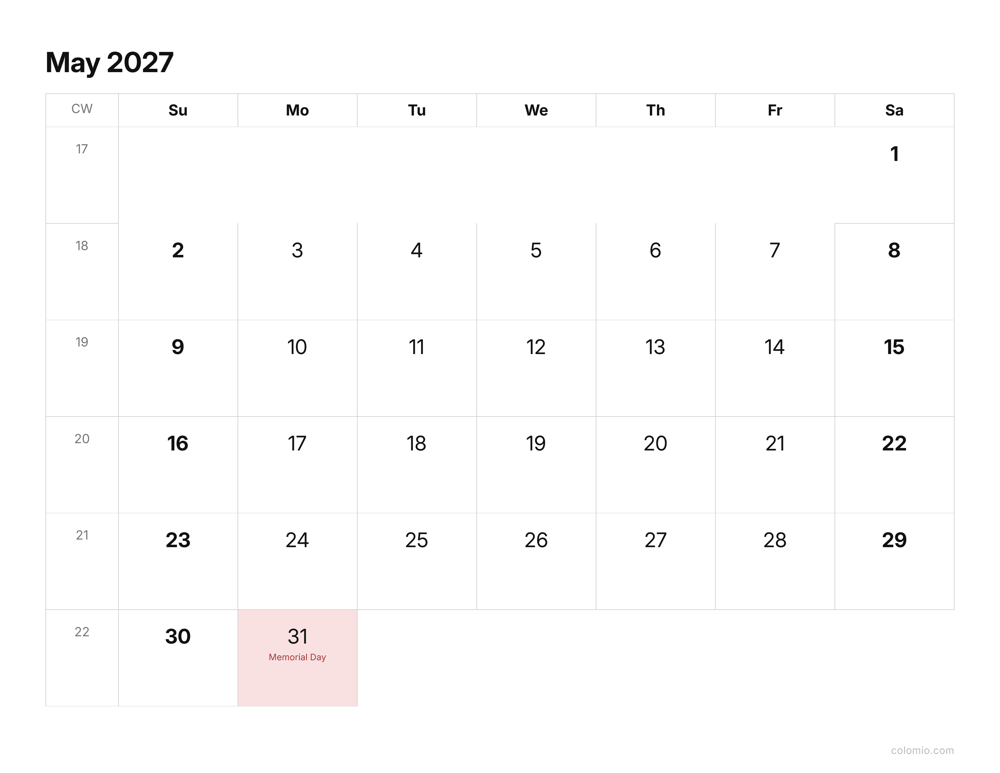 May 2027 calendar clean & minimal · landscape, printable PDF