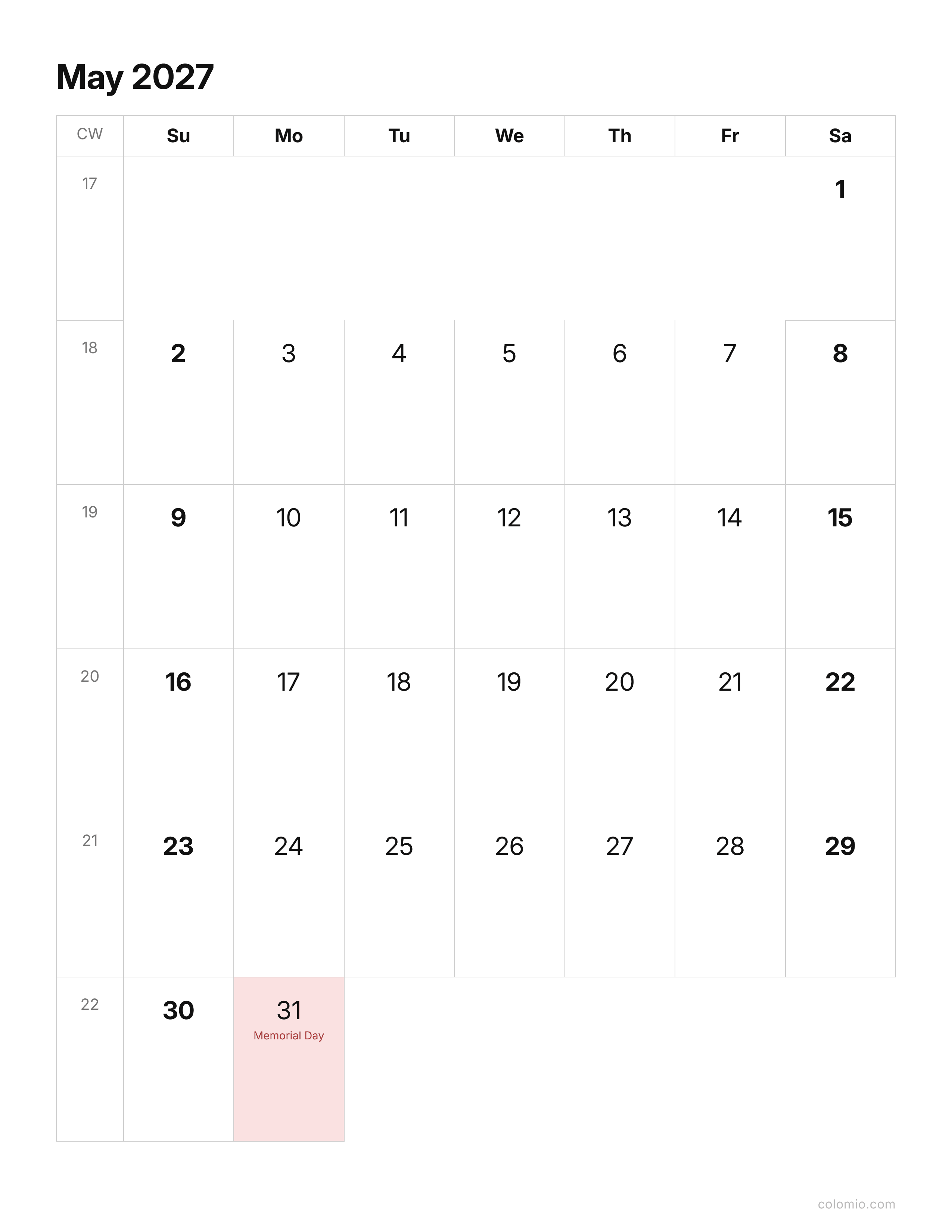 May 2027 calendar clean & minimal · portrait, printable PDF
