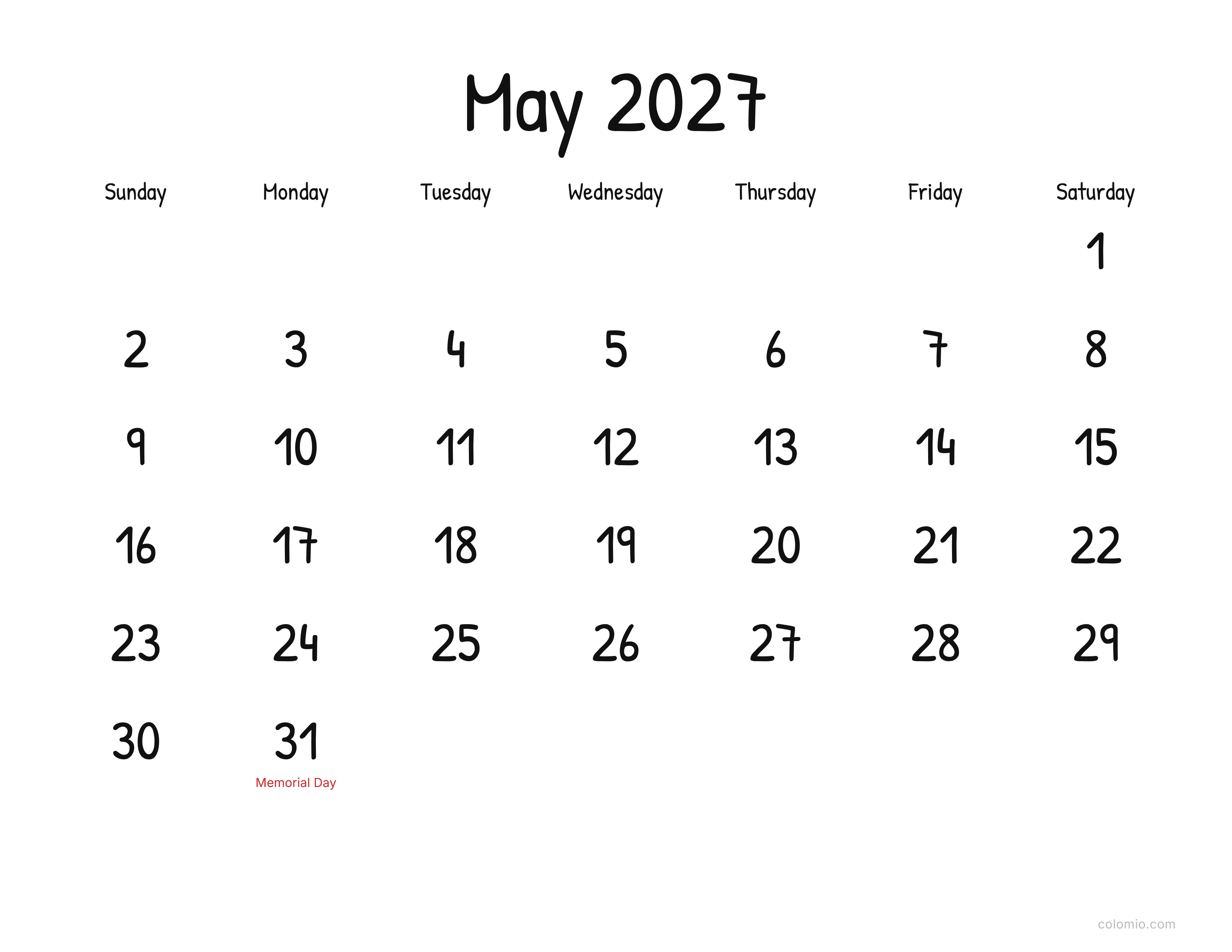May 2027 calendar display · landscape, printable PDF