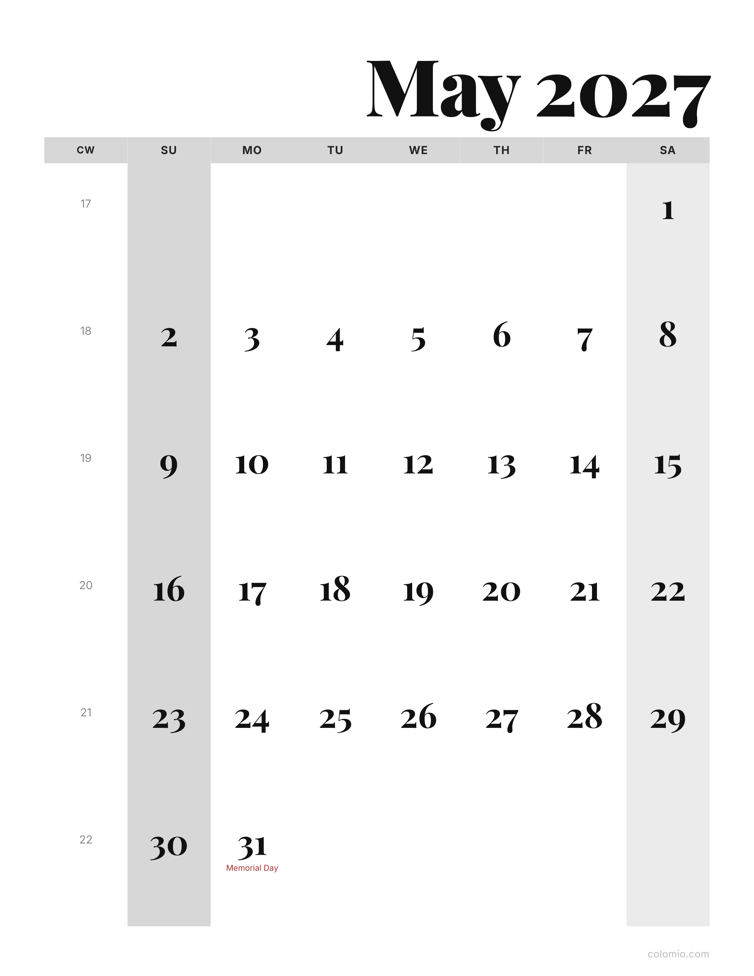May 2027 calendar editorial · portrait, printable PDF