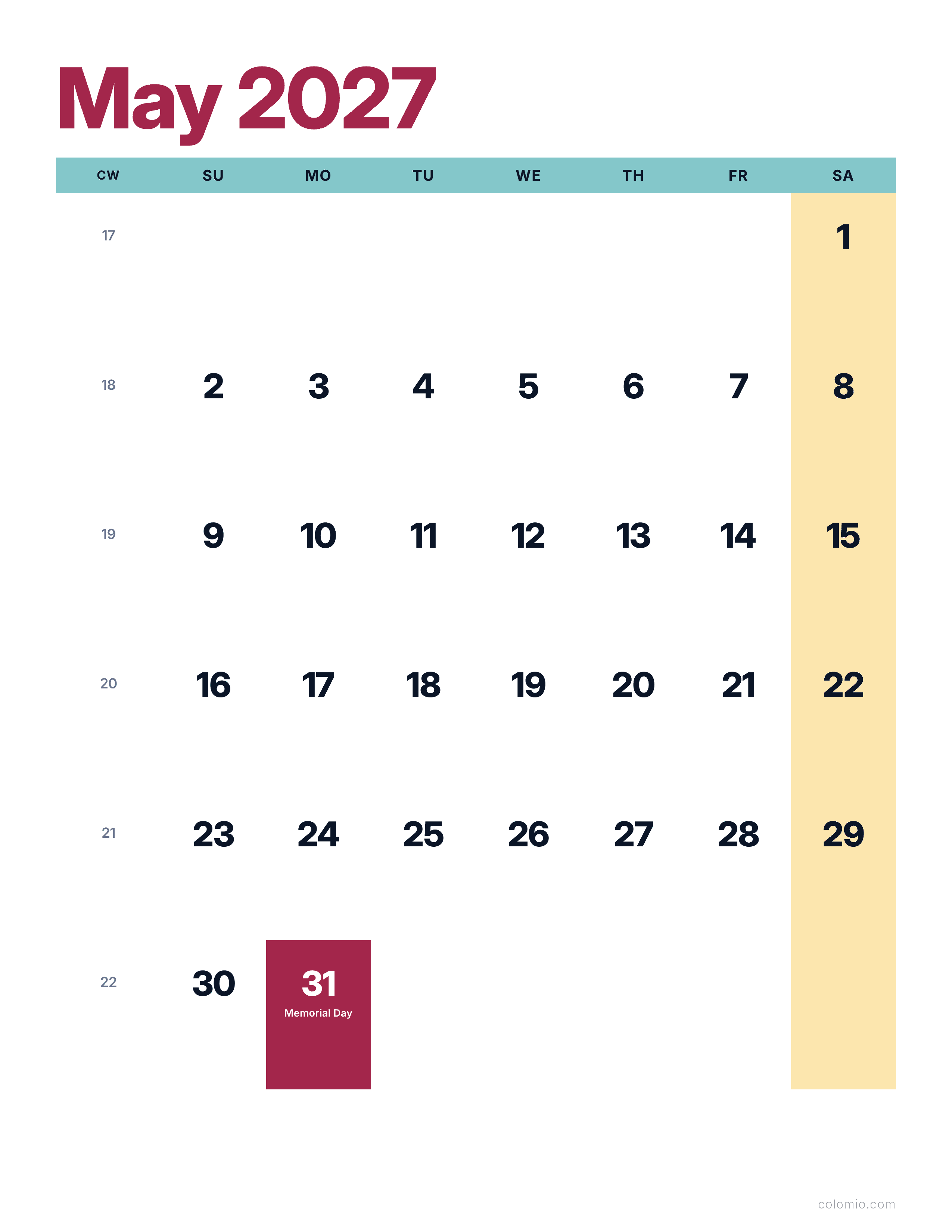 May 2027 calendar bright & modern · portrait, printable PDF