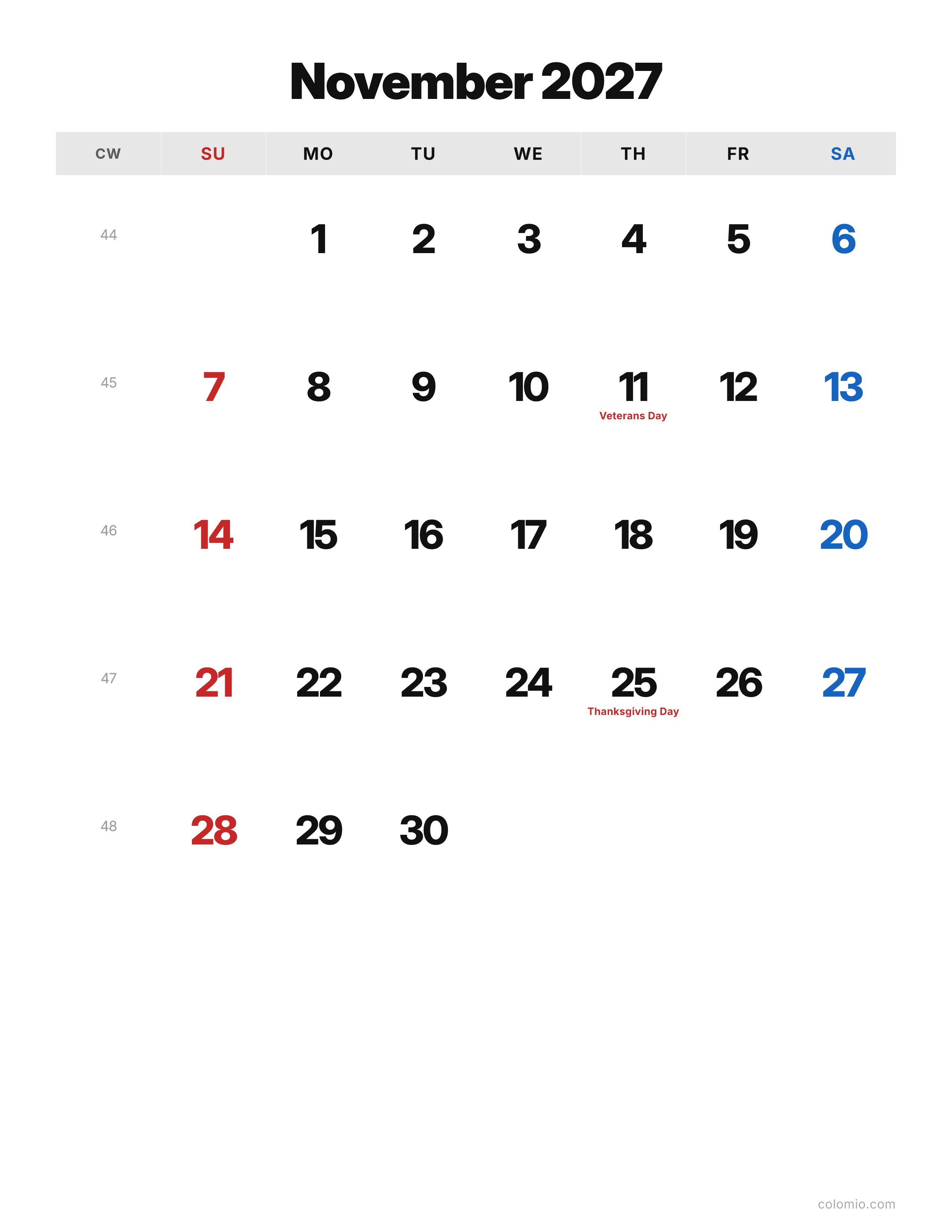 November 2027 calendar classic · portrait, printable PDF