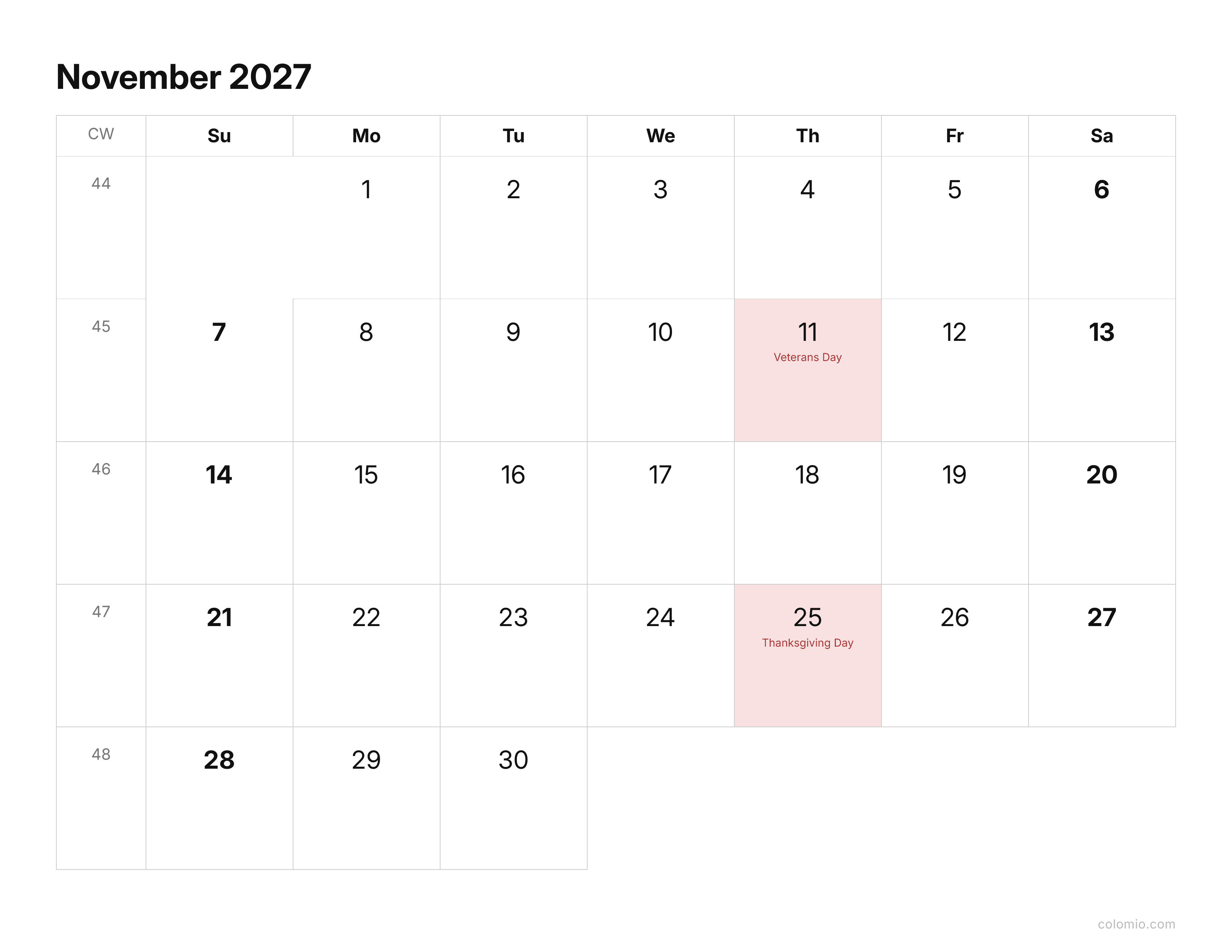 November 2027 calendar clean & minimal · landscape, printable PDF