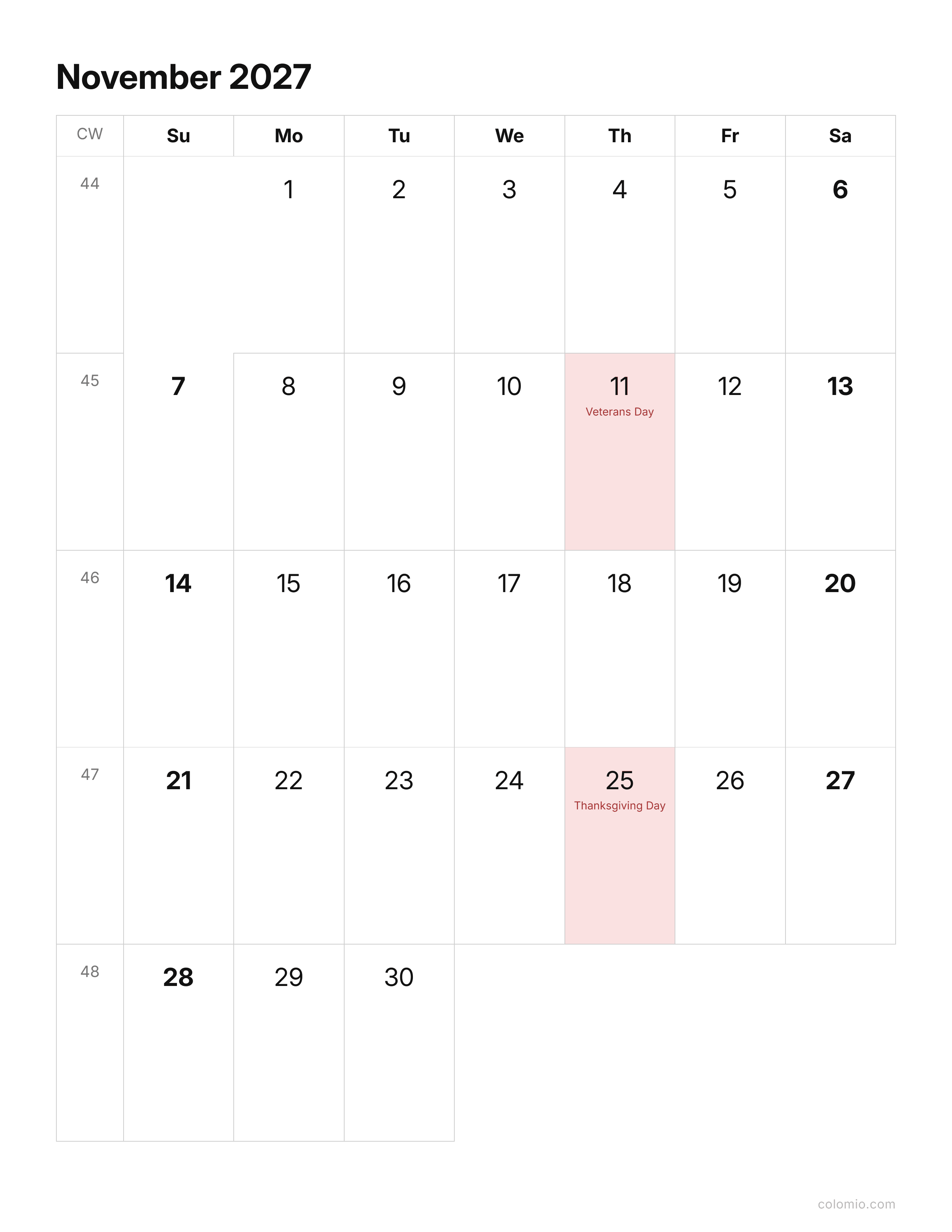 November 2027 calendar clean & minimal · portrait, printable PDF