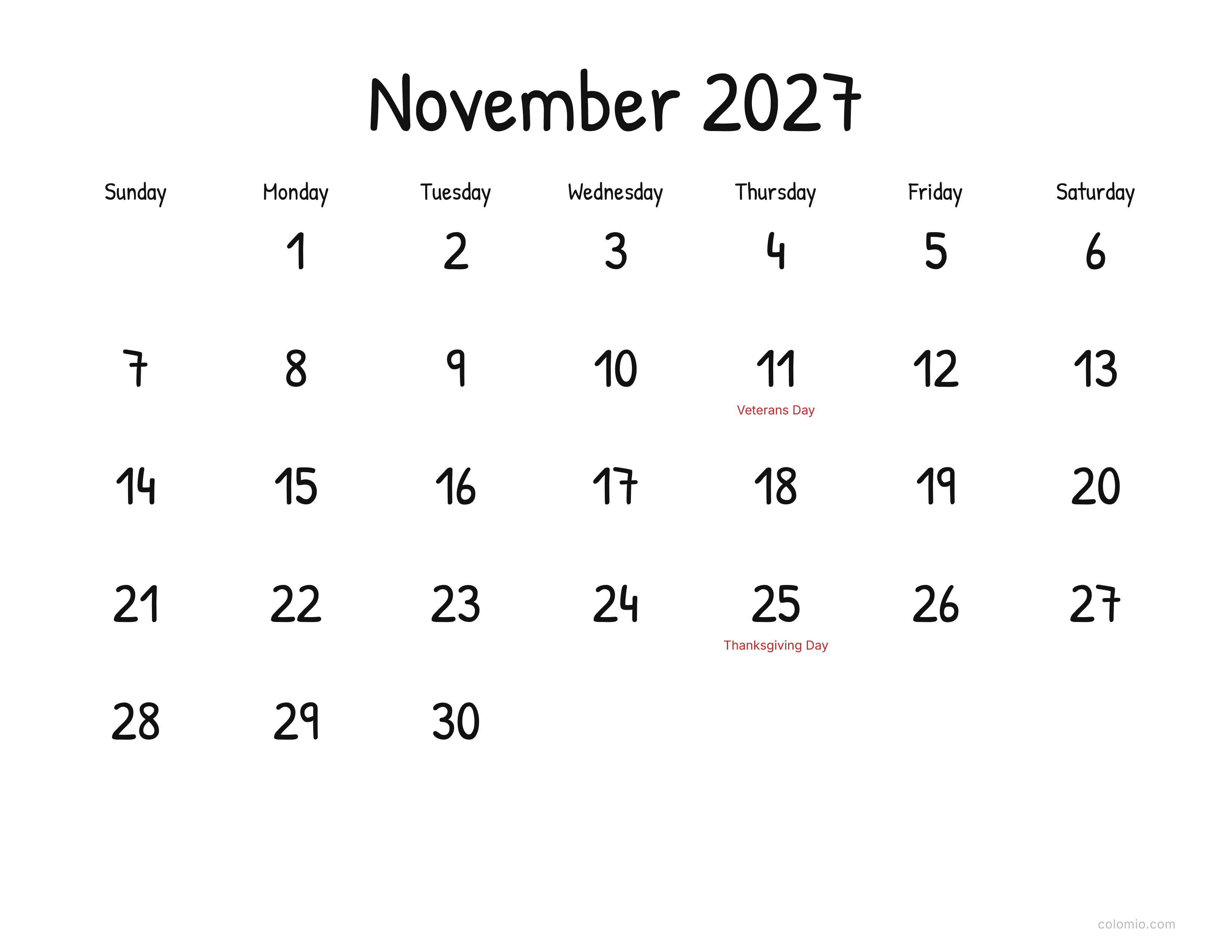 November 2027 calendar display · landscape, printable PDF